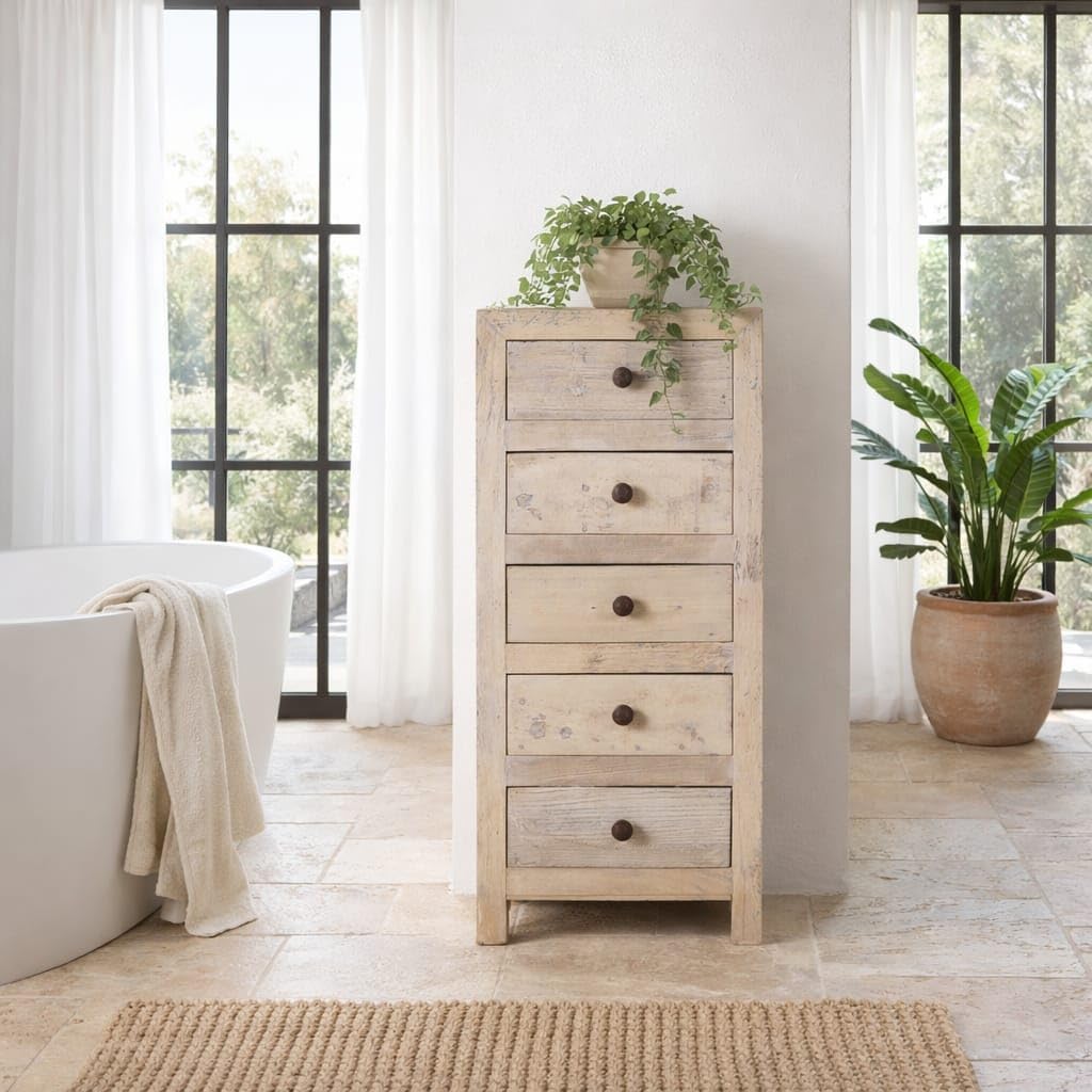 Solid Wooden 5-Drawer Chest - Vintage Distressed Finish Narrow Cabinet for Livingroom Bedroom | Sturdy Solid Wood Storage Unit with Decorative Metal Knobs for Home Decor.-image-12