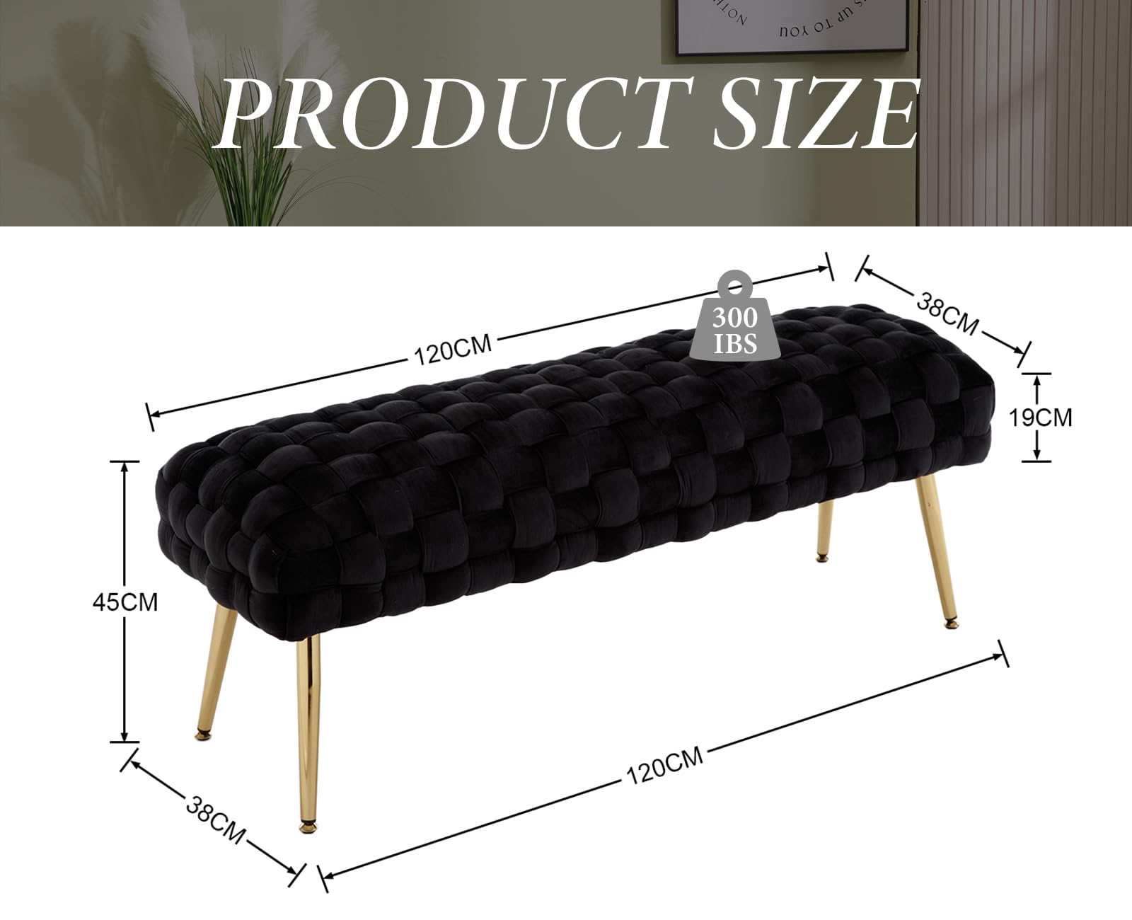 Wahson Banco Asiento de Cama de Terciopelo Banco Entrada de Recibidor con Patas Doradas,Banco Otomano Pie de Cama Moderno Banco Vestidor Elegante para Dormitorio/Salón,Negro