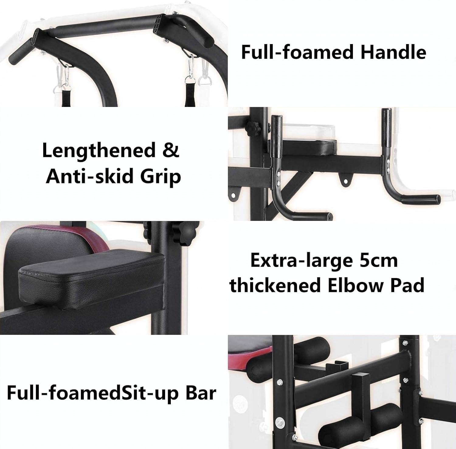 Power Tower multifunktional mit klappbarem Hantelbank, Dip Station Klimmzugstange, Krafttraining Ganzköpertraining Heimfitness, inkl. Trainingsbänder, Ladekapazität bis zu 200KG