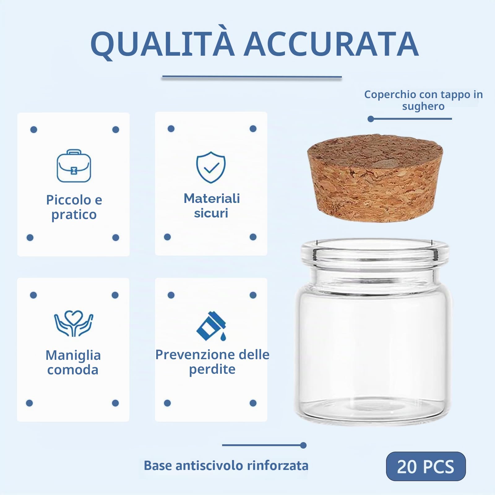20 Pezzi Mini Bottiglie Vetro con Tappo in Sughero 50 ml Mini Barattolini Vetro Piccoli,Barattolo Porta di Spezie,Vasetti Vetro Piccoli per Decorazioni, Feste, Spezie da Cucina, Regalo per Ospiti