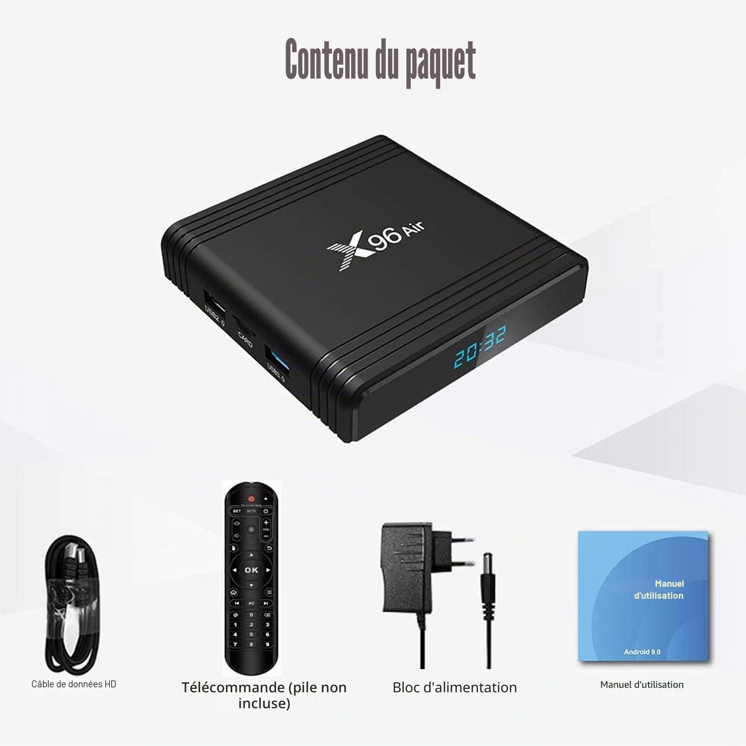 Smart TV Box, X96 Air Android TV Box Android 9.0 Amlogic S905X3 4 Go / 64 Go 2.4G / 5G WiFi Bi-Bande 8K Décodage Vidéo UHD 4K Lecteur Multimédia,2gb+16gb
