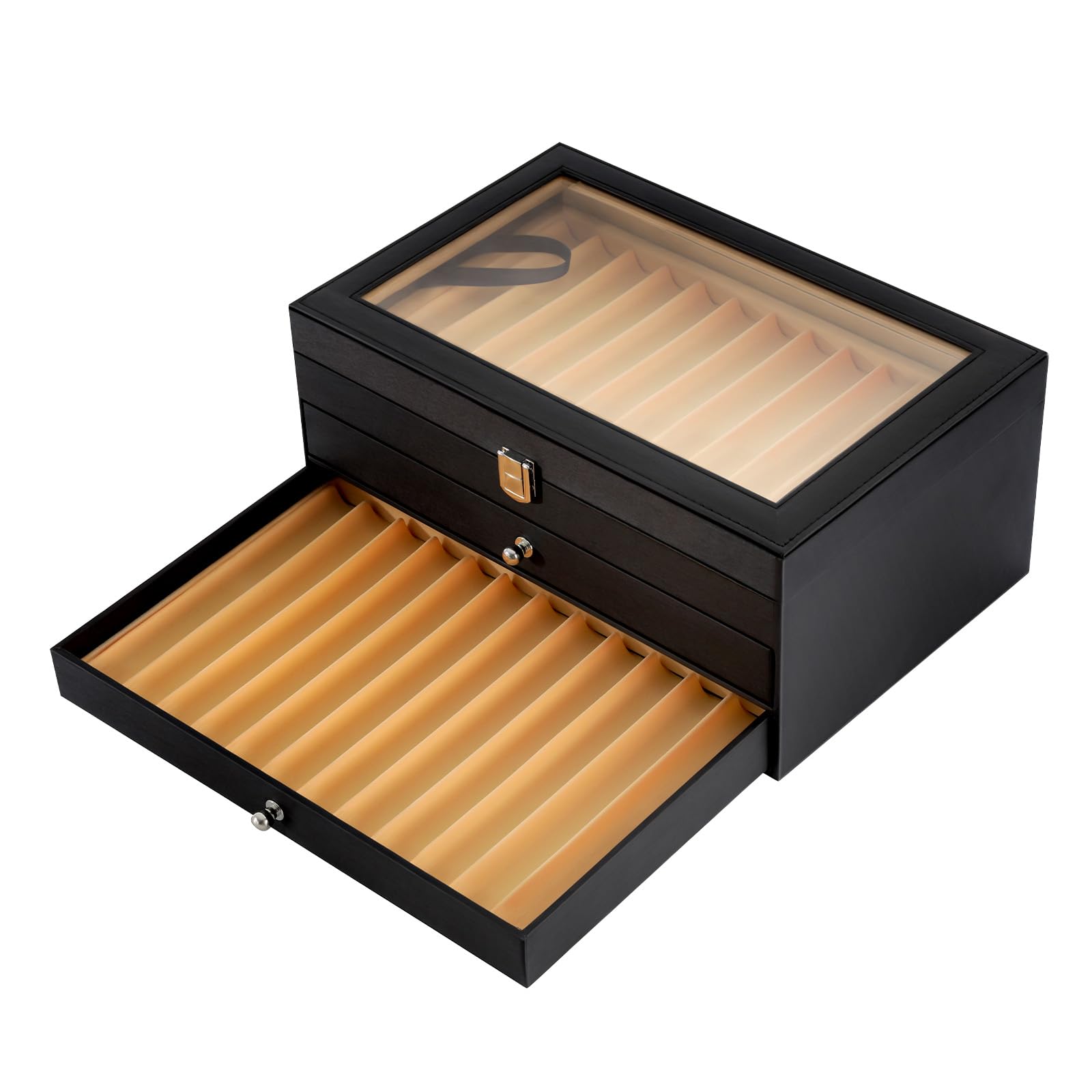 36 Stifte Füllfederhalter Vitrine, 3 Ebenen Stifthalterbox mit Glasdeckel, Stiftebox PU-Leder und Samt, Kugelschreiber Sammelbox Retro-Stil Aufbewahrungsbox, 30,5 x 20 x 13,5 cm