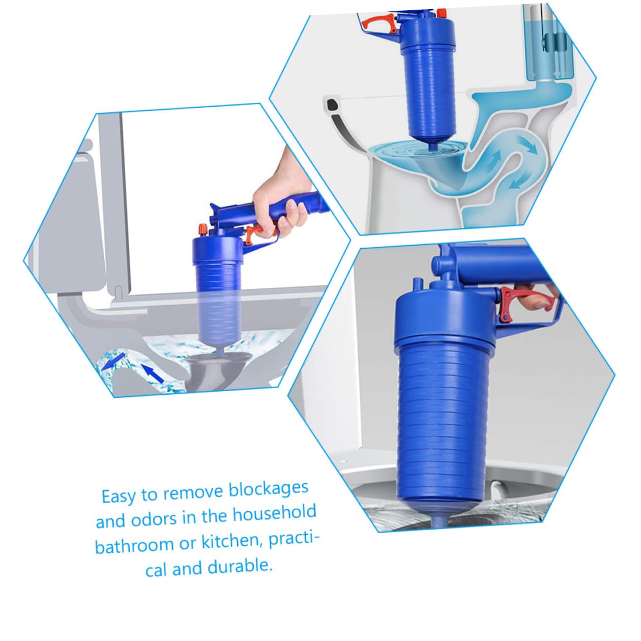 KOMBIUDA Desatascador De Aire Comprimido Para Inodoro y Fregadero, Herramienta Profesional De Alta Resistencia Para Limpiar Tuberías y Drenajes De Baño, Cocina y Bañera, Flexible y Potente