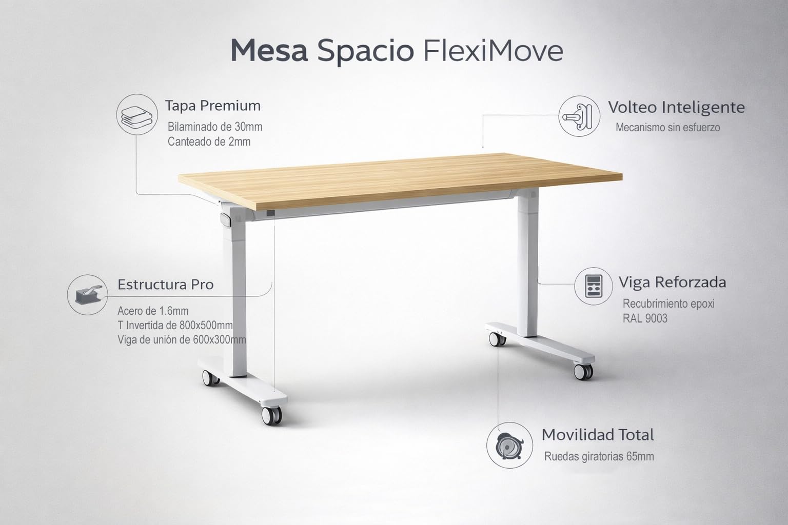 Spacio FlexiMove Mesa Plegable y Volteable de Oficina con Ruedas Escritorio abatible Profesional (Blanco, 140x60cm)