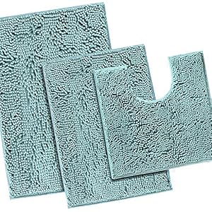 H.VERSAILTEX Luxury Chenille Eggshell Blue Bathroom Rug Mat 17” x 24” Bundle 2 Pieces Bathroom Rug Mat 32" x 20" & 20" x 20" Eggshell Blue