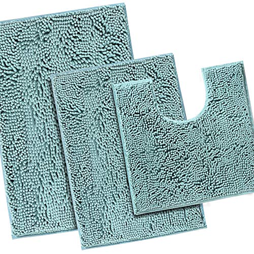 H.VERSAILTEX Luxury Chenille Eggshell Blue Bathroom Rug Mat 17” x 24” Bundle 2 Pieces Bathroom Rug Mat 32" x 20" & 20" x 20" Eggshell Blue