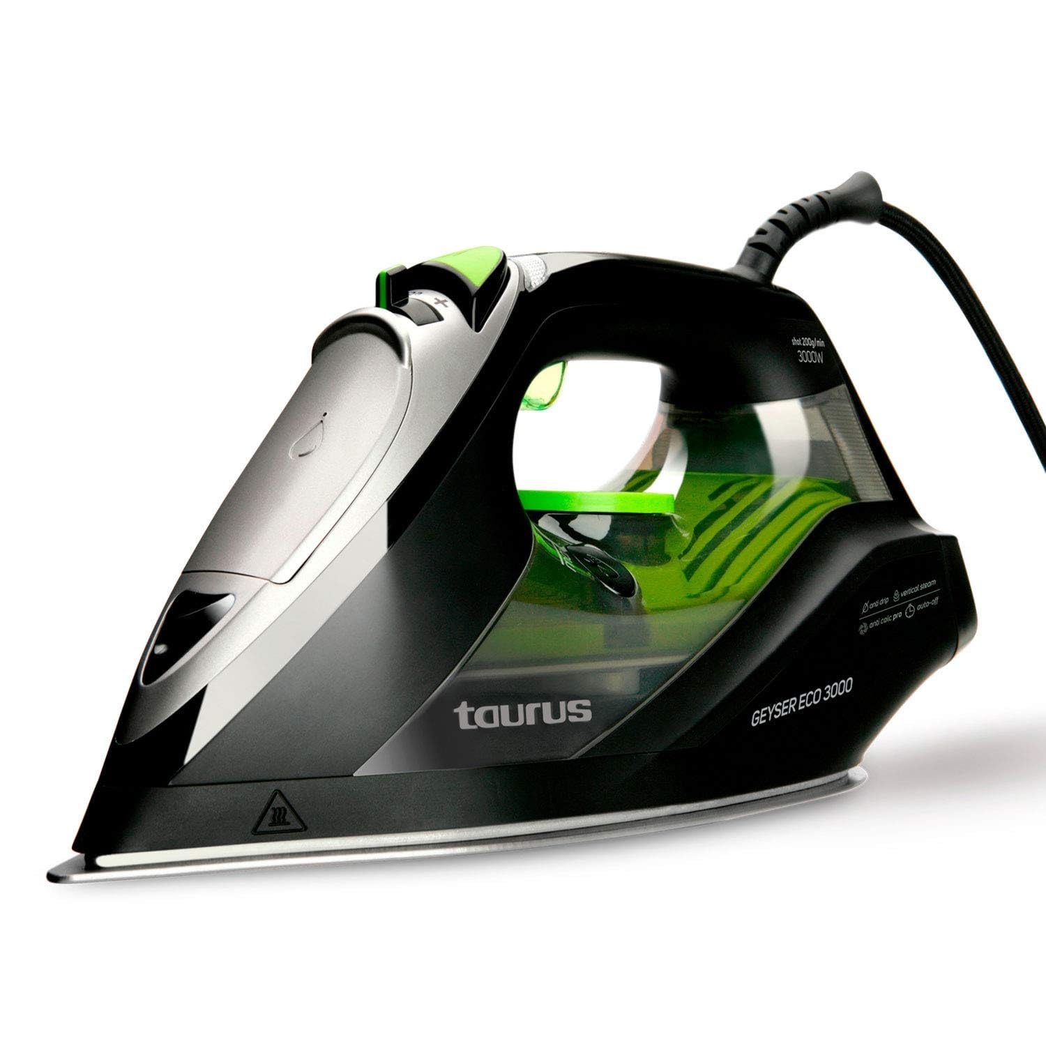 Taurus - Plancha de Vapor Geyser Eco 3000,3000w,200 g/min,Punta de precisión,Regulador de vapor y temperatura,Suela anodizada ultradeslizante,Negro