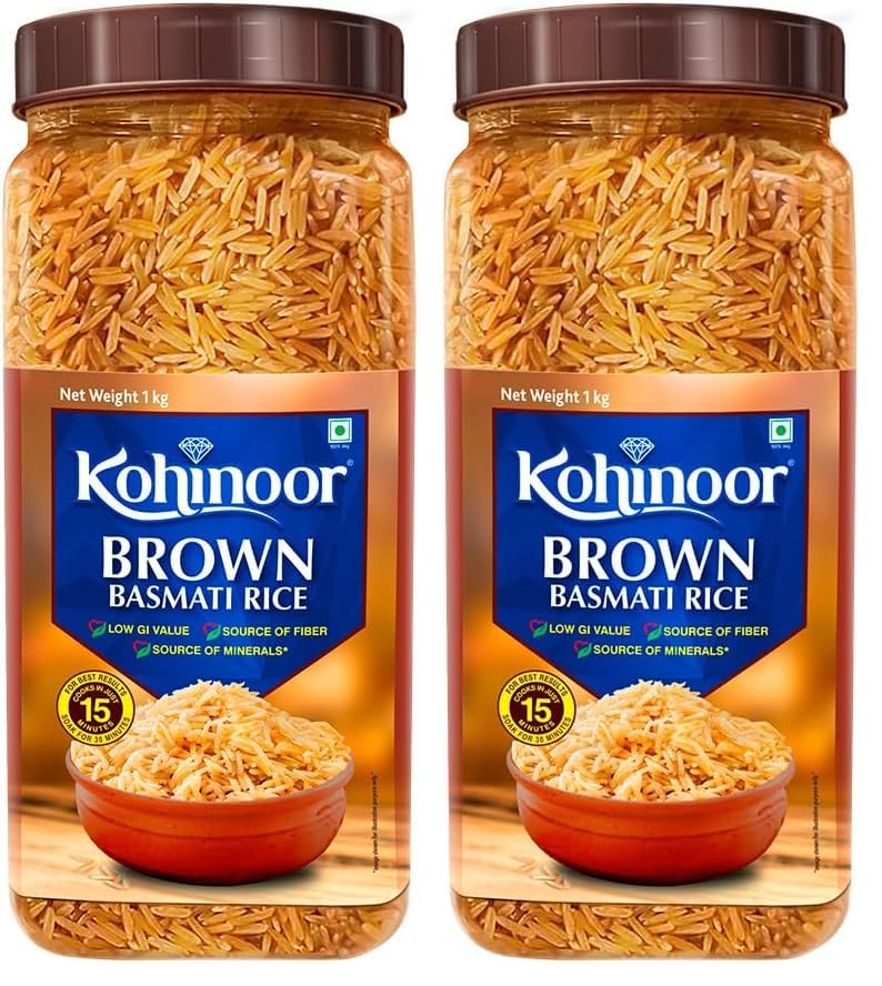 Image of Kohinoor Brown Authentic Basmati Rice, 1 Kg Jar | Long Grain Rice with Rich Aroma | Nutritious & Healthy (Pack of 2)