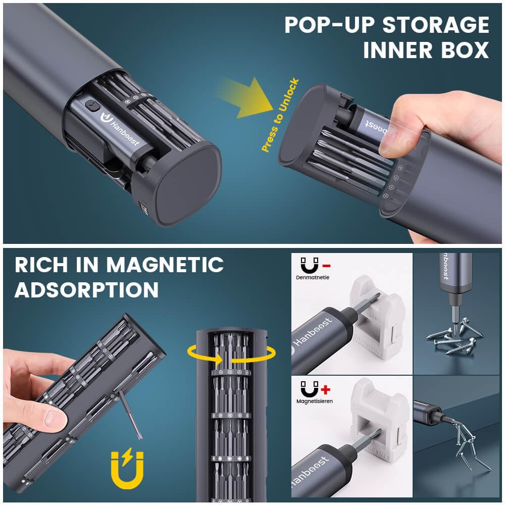 Hanboost Set di cacciaviti elettrici di precisione 78 in 1, 5 livelli di coppia e 200 giri/min, mini cacciavite ricaricabile di tipo C, con custodia pop-up e luce LED, per riparazione PC, telefono