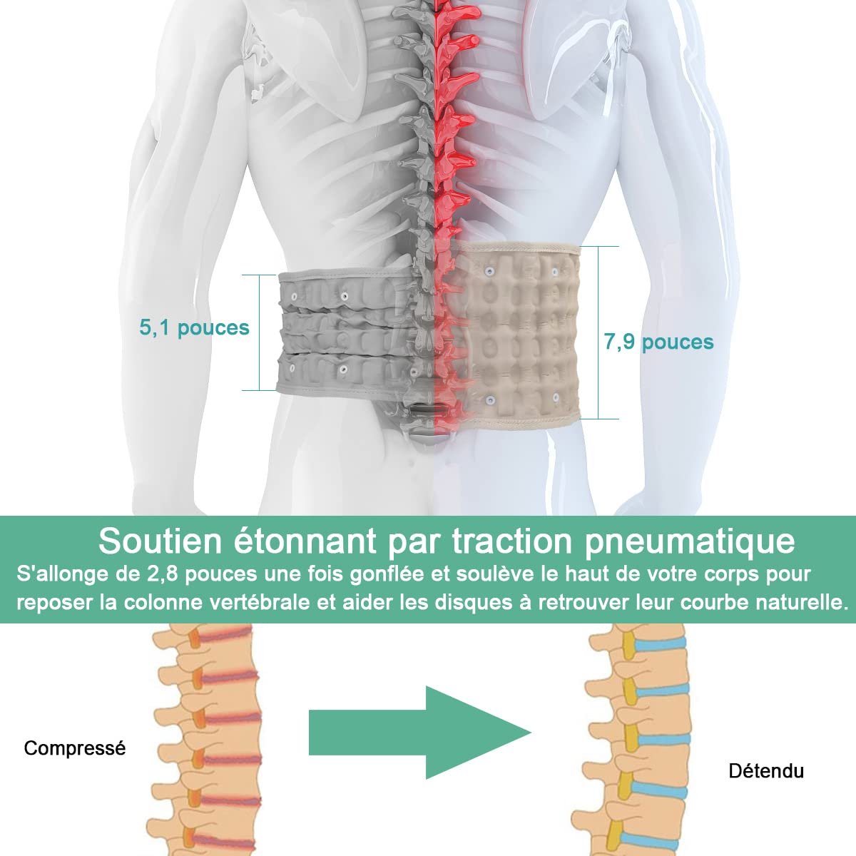 HONGJING Ceinture de décompression dorsale Soutien lombaire gonflable pour soulager les douleurs dorsales - Dispositif de traction pour le bas du dos, taille unique 29-49