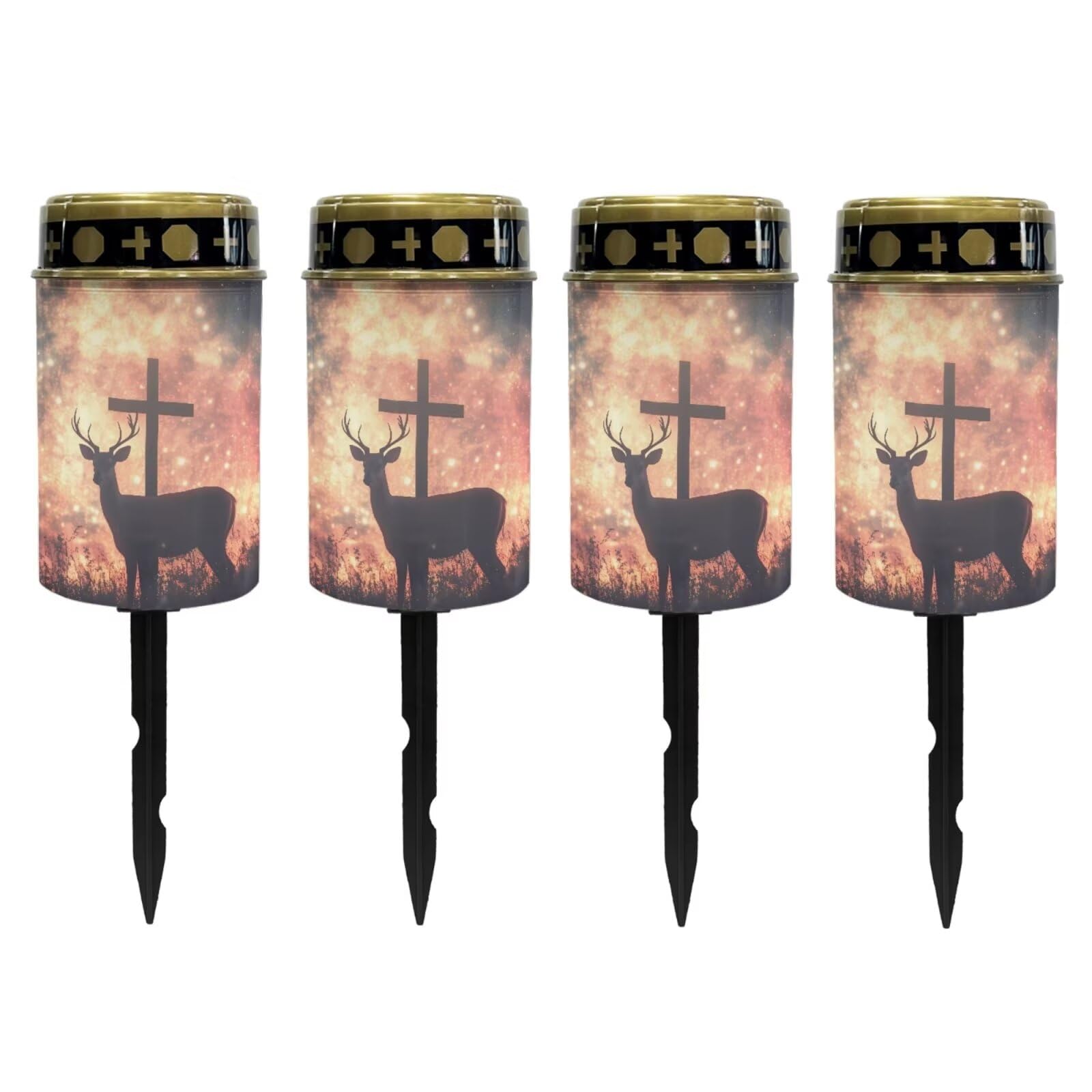 Poceacles 4 Pieces Cross Outdoor Solar Lights Solar Garden Lights Cemetery Solar Lights Water Resistant Pillar Candle Solar Garden Stake Lights for Cemetery Grave Decorations, Deer Cross Galaxy Red
