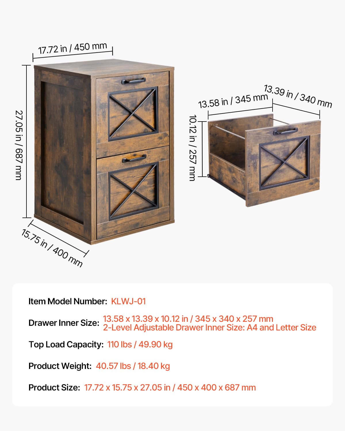 VEVOR Archivador Vertical, Archivador Vertical 450 x 400 x 687 mm de 2 Cajones con Barra de Suspensión Ajustable de 2 Niveles para Archivos de Tamaño A4/Carta/Legal para Oficina, Marrón Miel