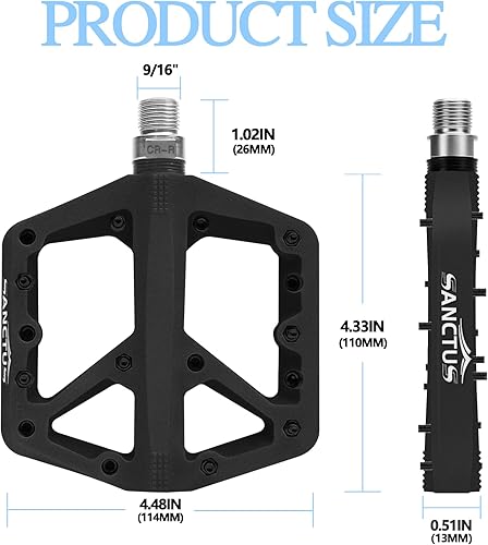 Miniatura 5 de Sanctus Pedales de bicicleta de montaña, pedales planos de 916 pulgadas, de nailon ligero, antideslizante, con agarre ajustable para BMX MTB