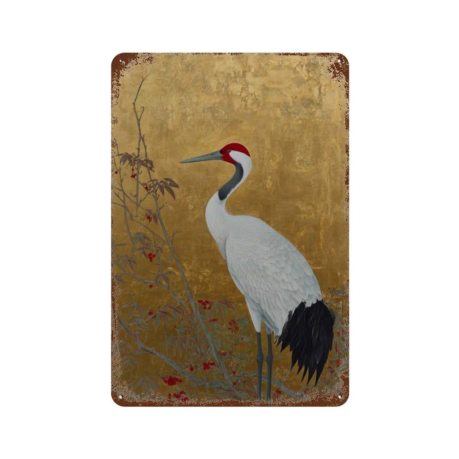 xiaoxiaoshen Japanese Crane Bird Gold Background Asian Nature Elegant Wildlife Wall Decor Art Metal Tin Poster Modern Home Decor Art Home Bar Shop Decorations Vintage Sign 30x20cm