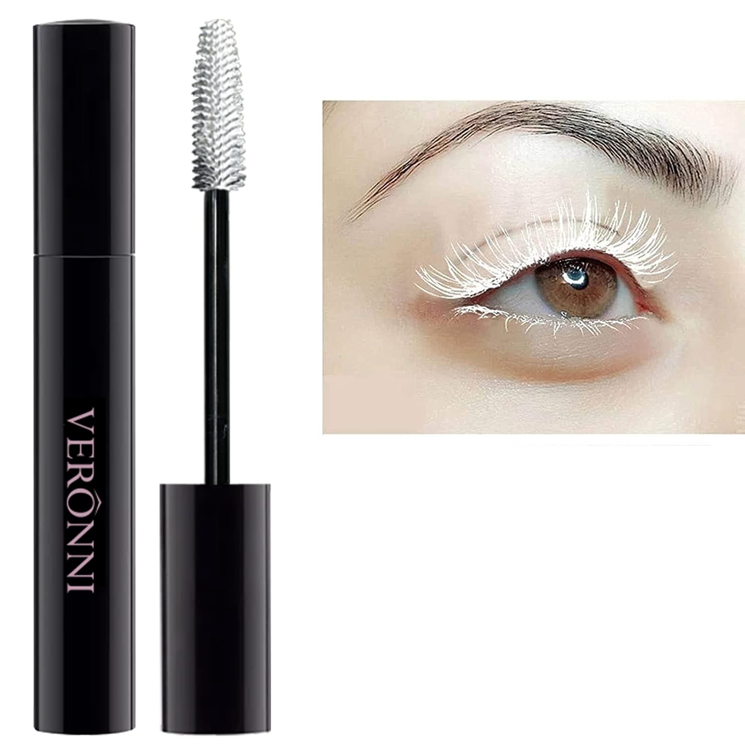 VERONNI Masque à cils blanc imperméable à l'eau bouclé, épais et allongé, soulève et prolonge les cils, résistant aux grumeaux, ne coule pas, masque de cils coloré à boucler