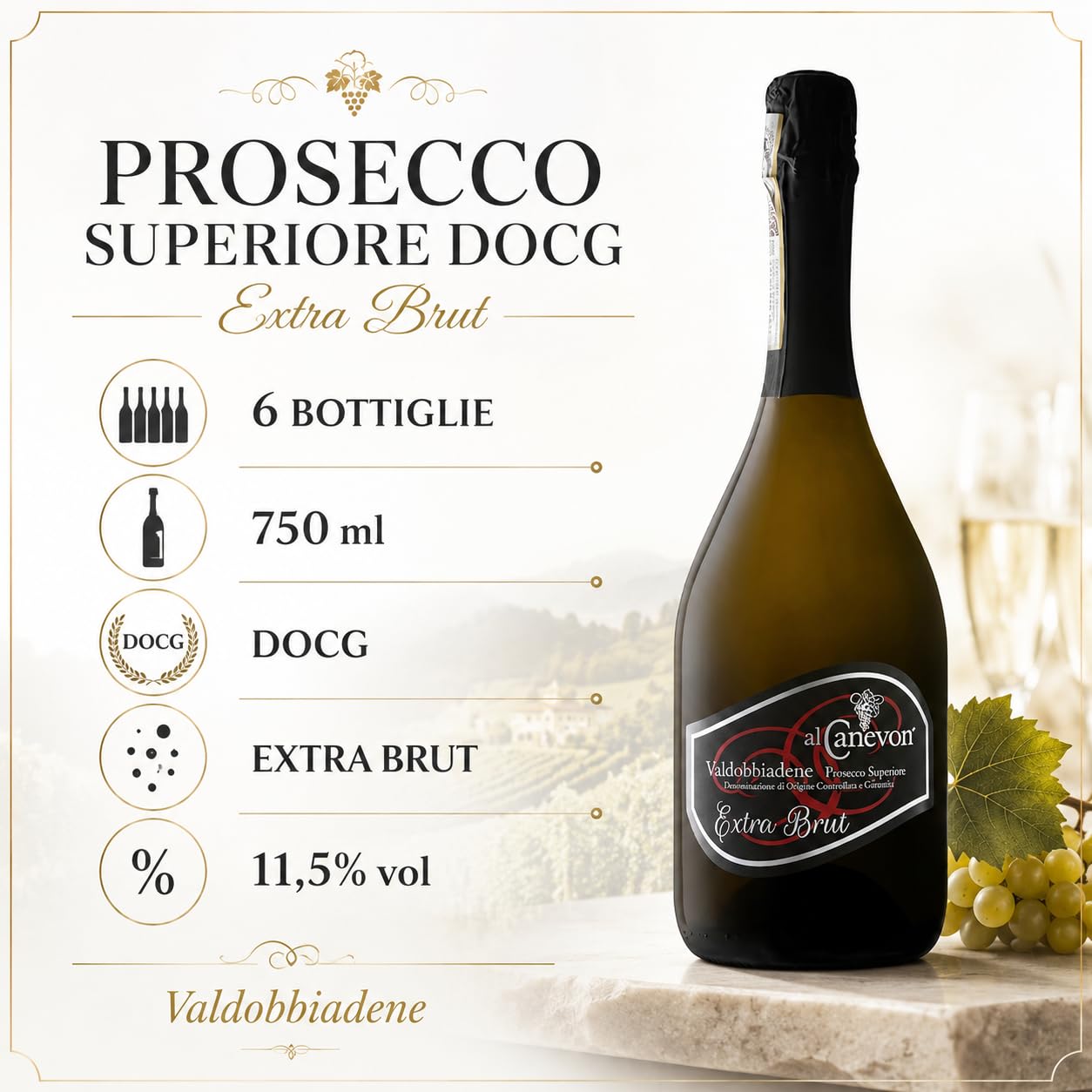 Prosecco Valdobbiadene Offerta Prosecco Superiore Extra Brut DOCG Conegliano Valdobbiadene - Si Abbina Con Dolci a Base Di Cioccolato 750ML