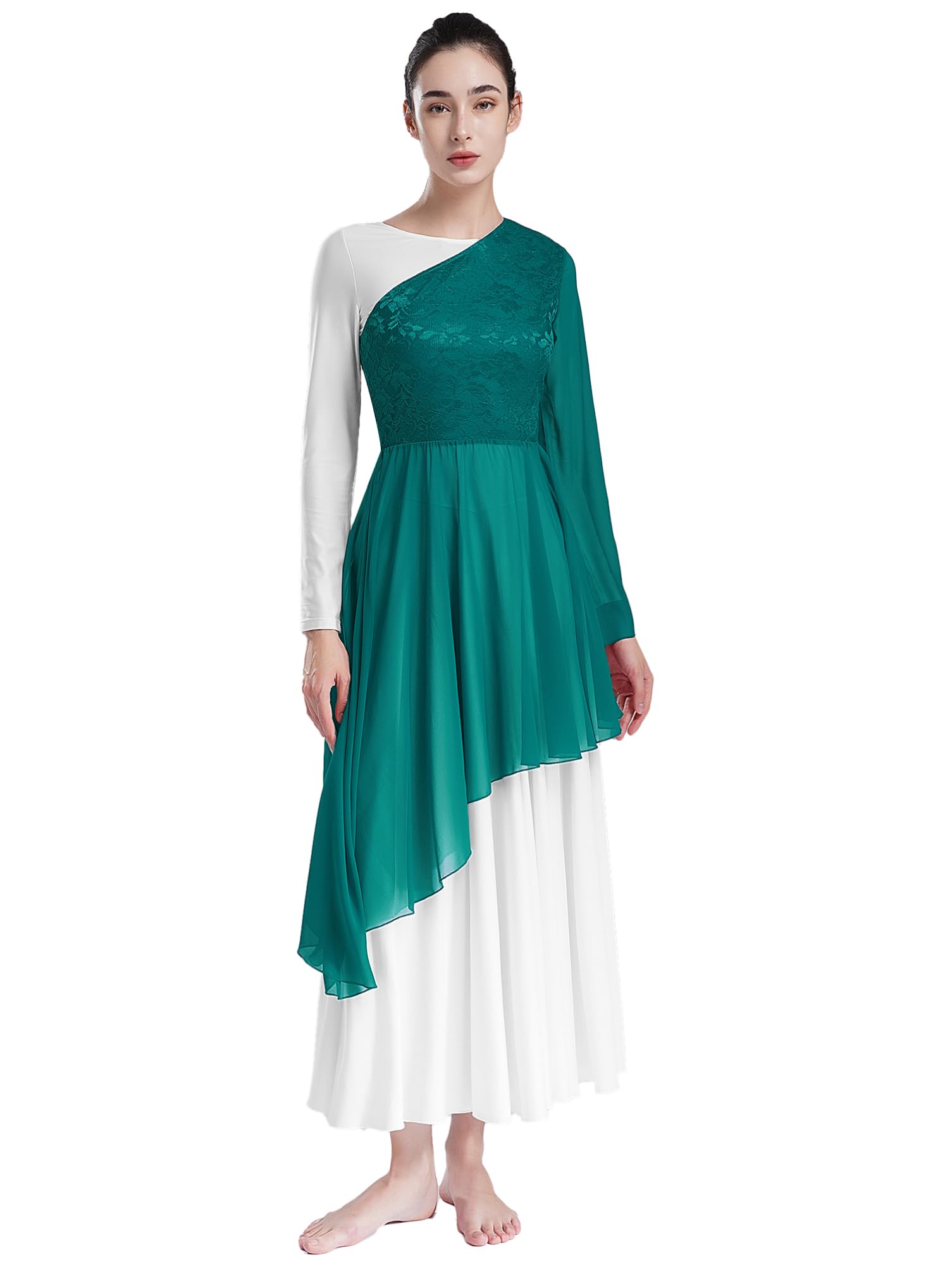 Aislor Women's Praise Dance Dress Worship Tunic One Shoulder Flared Sleeve Asymmetrical Hem Dresses