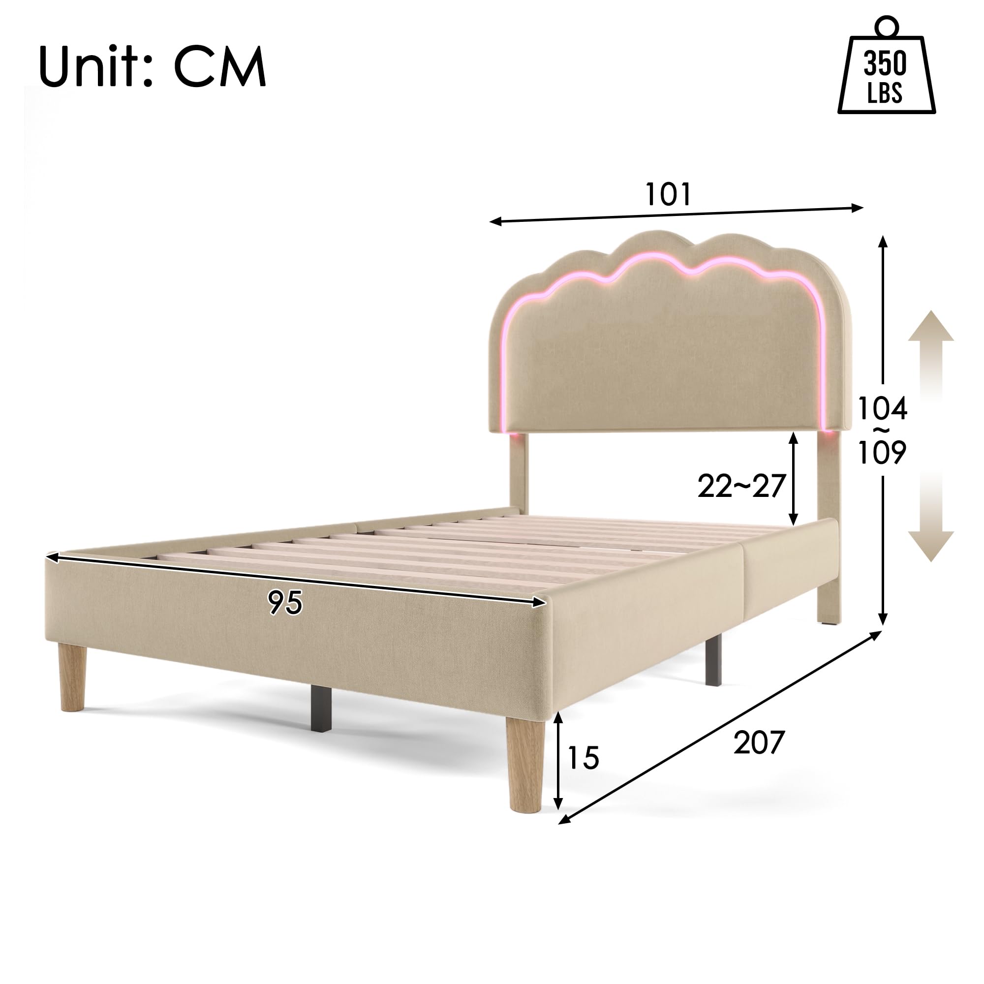 Gecheer Letto con Testiera a LED, Pompon Letto Matrimoniale 90x200 cm, Rivestito in Lino Beige, con Luci LED Regolabili e Modalità Musica, Struttura Robusta, Altezza Regolabile, per Camera da Letto