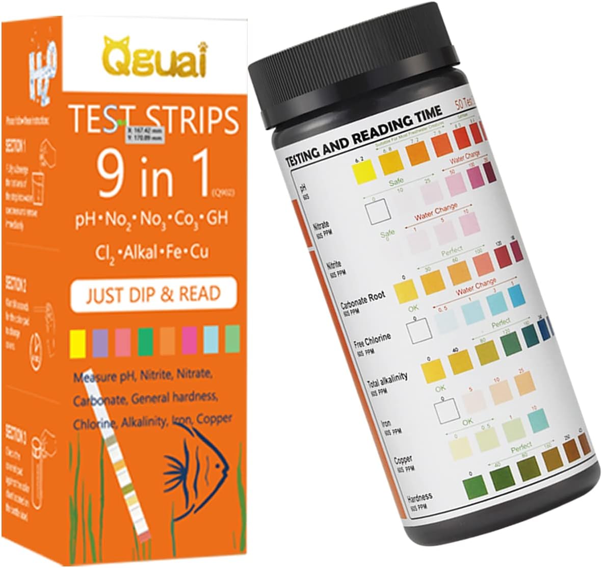 Qguai 9 in 1 Aquarium Test Strips, Water Test Strips for Saltwater Freshwater Pond Pool Spa, Test pH, Nitrate, Nitrite, Carbonate, Chlorine, Alkalinity, Hardness, Fast and Accurate,50-Strips