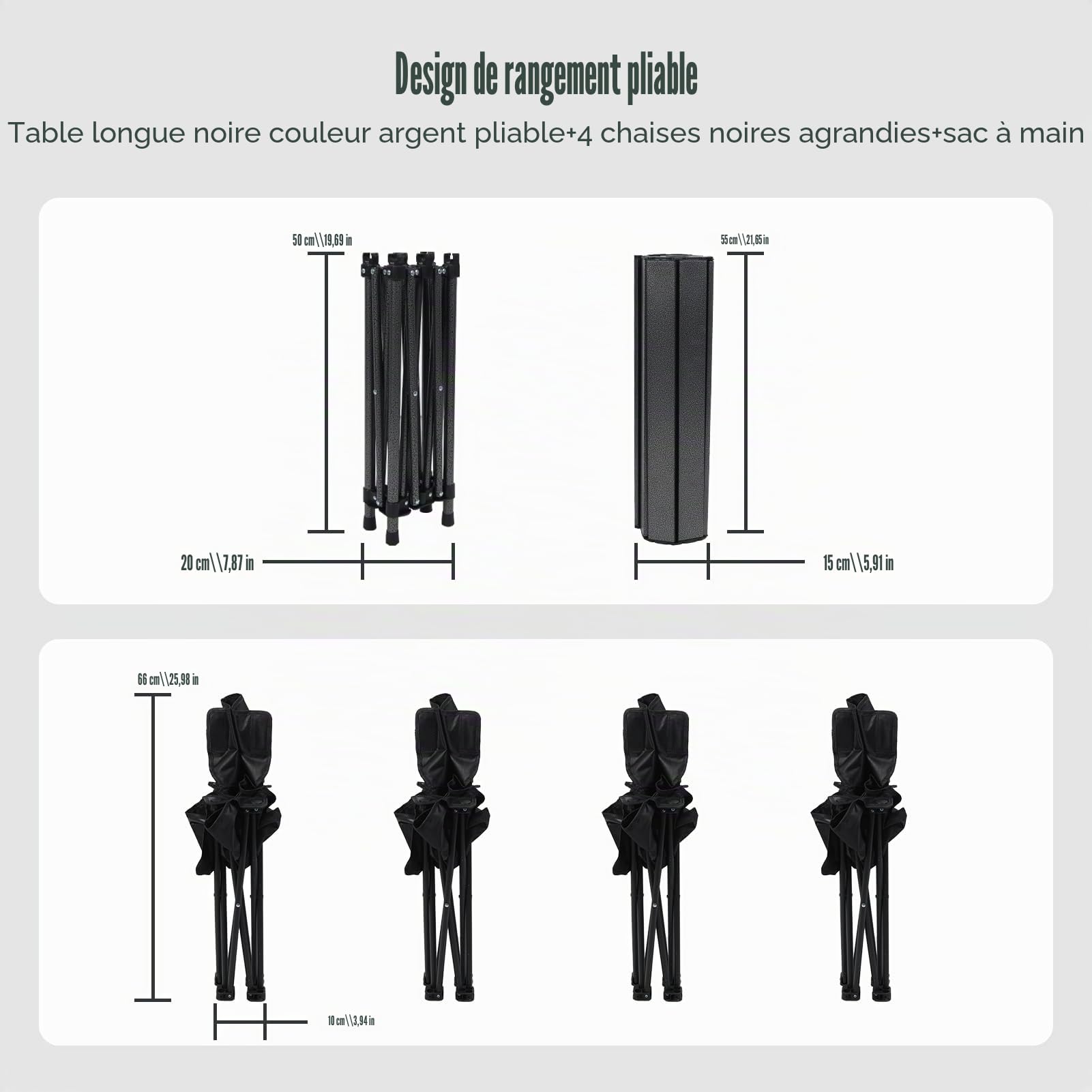 Ensemble Table et 4 Chaises Pliantes, Tables de Jardin Pliante Camping, Set 1 Table + 4 Chaises Pliantes Extérieur en Métal, Facile à Nettoyer, 75kg Capacité Noir Surdimensionné