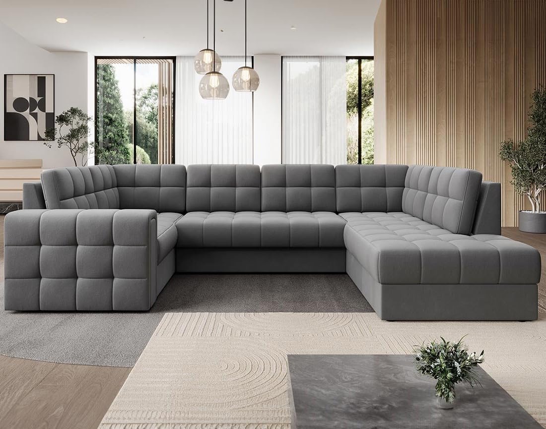 Bestmobilier - Nappa - Canapé panoramique d'angle Gauche 7 Places Convertible avec Coffre en Velours, Gris Clair