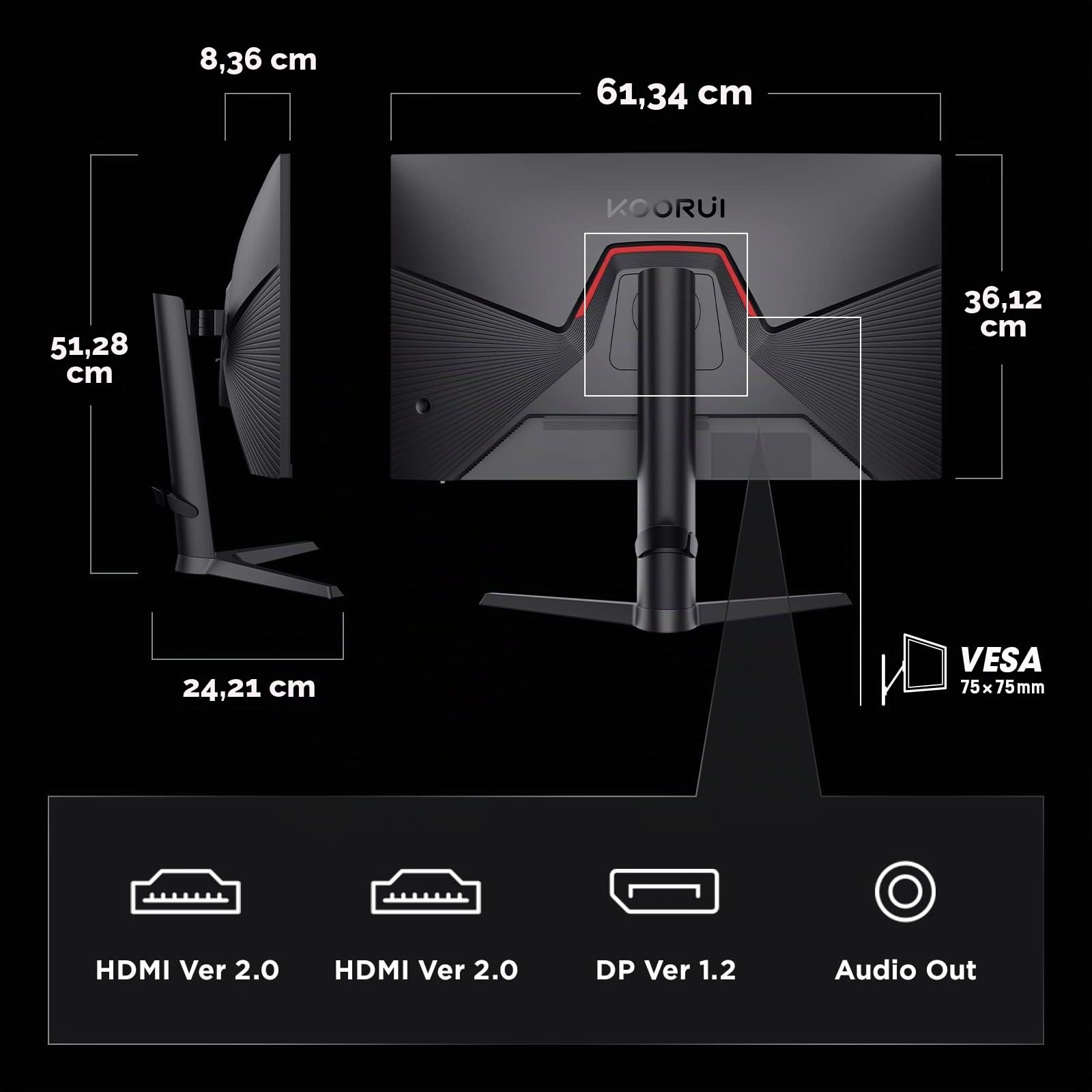 KOORUI 27 Pollici Monitor Gaming 2K, PC Schermo 240Hz QHD(2560x1440), IPS, 1ms, 2xHDMI2.0 & DisplayPort1.2, Adpitive Sync, 100% sRGB, HDR 400, VESA, Regolabile in Altezza, Eye Care