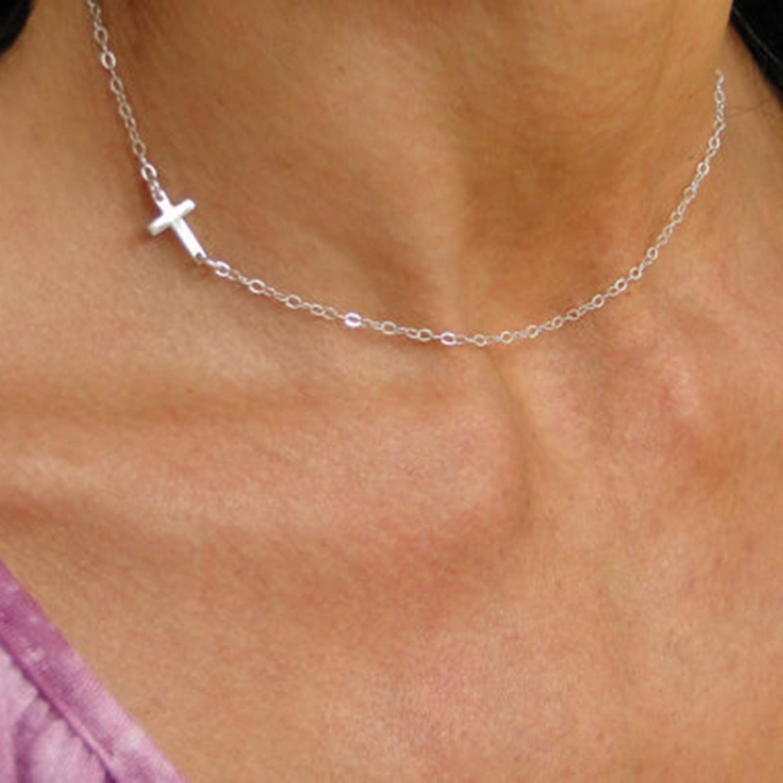 TseenYi Collar con colgante de cruz, cadena de plata y cruz horizontal, collar de cadena corta, collar religioso, joyería para mujeres y niñas (plata)