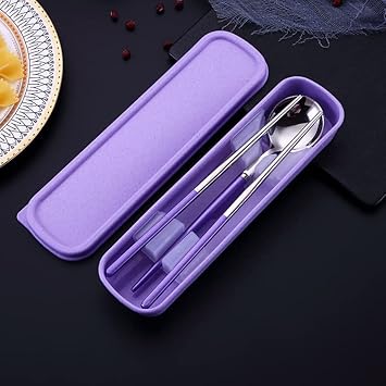 Wosta Travel Utensils, Portable 18/8 Stainless Steel Silverware Flatware Set, Include Fork Spoon Chopsticks with Case (A - Purple Set)
