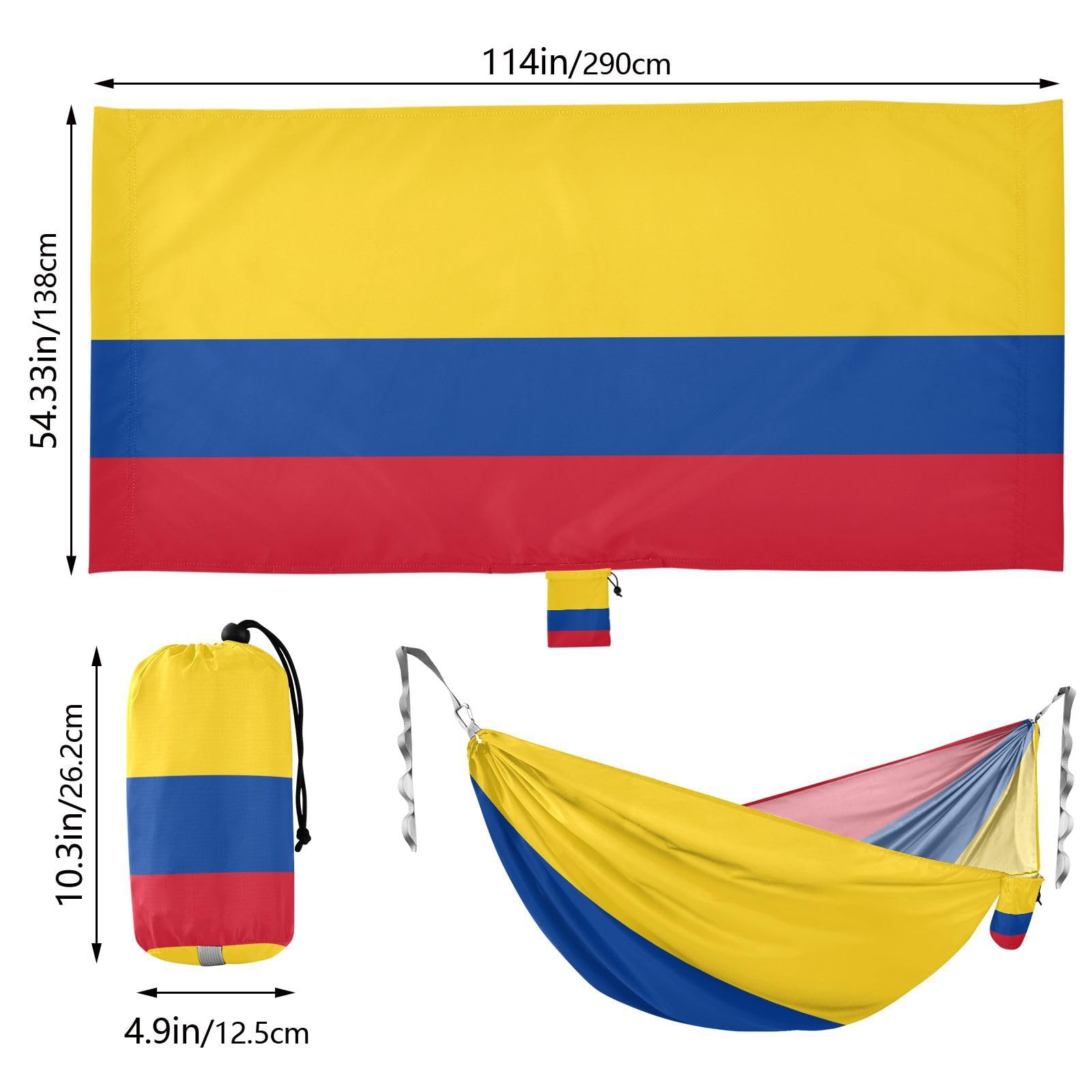 Hamaca de bandera nacional colombiana de Colombia, azul, rojo, amarillo, hamaca para exteriores con correas de árbol, hamaca de cuerda para patio interior y exterior