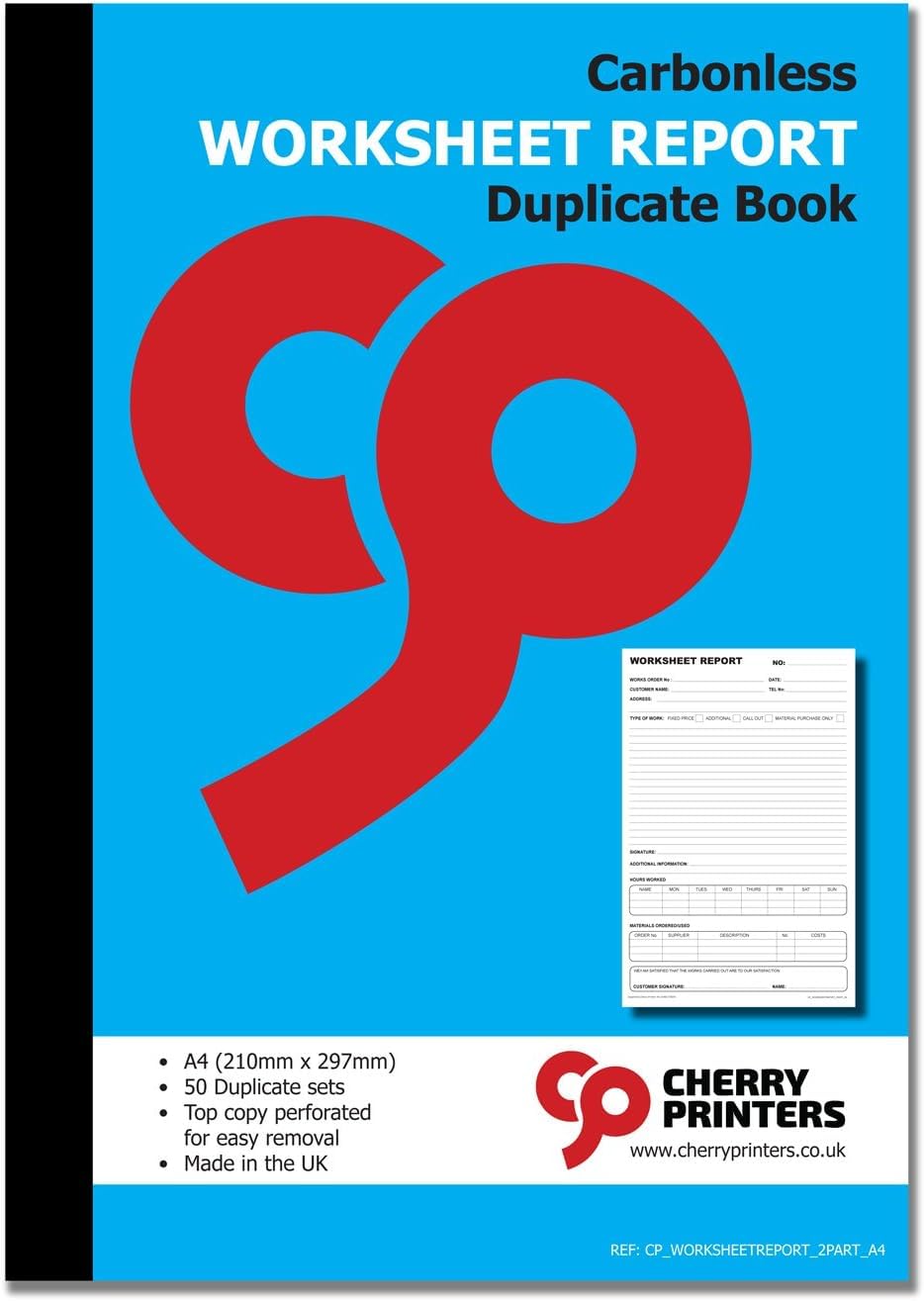 Cherry Printers | Worksheet Report 2pt A4 | Duplicate Job Sheet Book | 50 Numbered Sets | Contractor Job Sheets | Service Engineer Worksheet Pad | Perforated Work Order Book UK | **20 Pack**