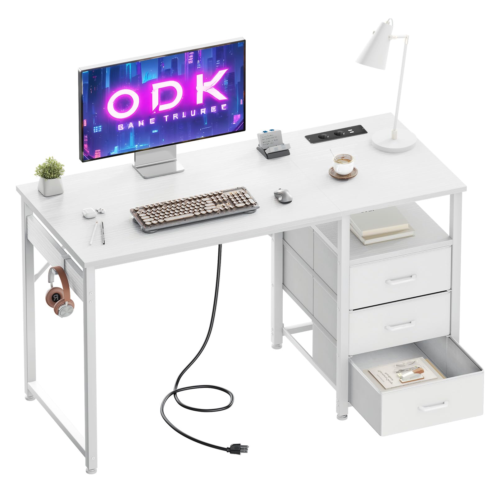 ODK Escritorio con Puerto de Carga USB y Toma, Escritorio para Ordenador con 3 Cajones de Tela, Escritorio de Madera para Oficina, Salón, Hogar, Oficina (Blanco, 120x48x75,5cm)