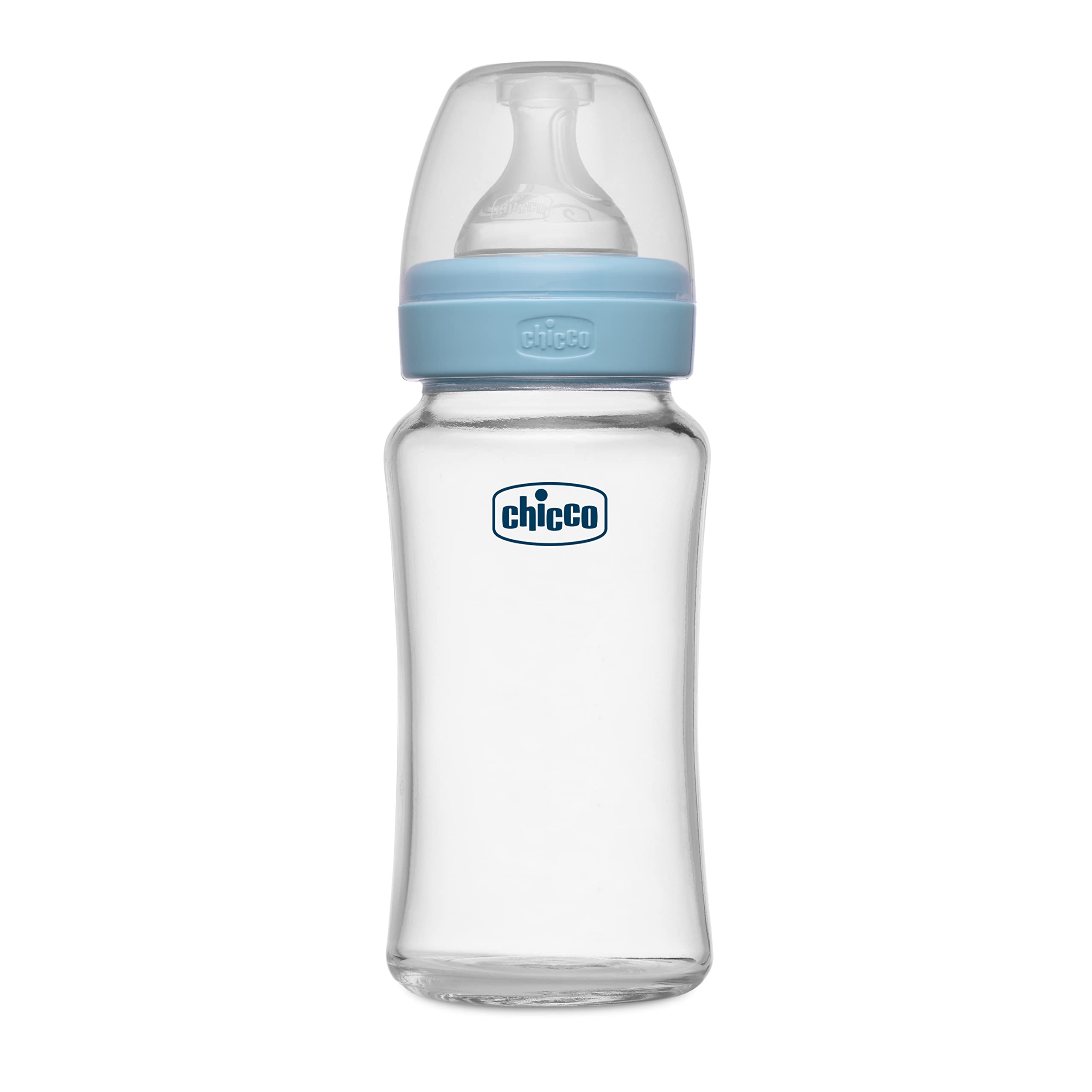 Chicco Well-Being Glass Feeding Bottle for Babies (240ml, Medium Flow) | Premium Borosilicate Glass for High Durability | Elongated Teat for Correct Latch | Comes with Anti-Spill Cap | BPA Free (Blue)
