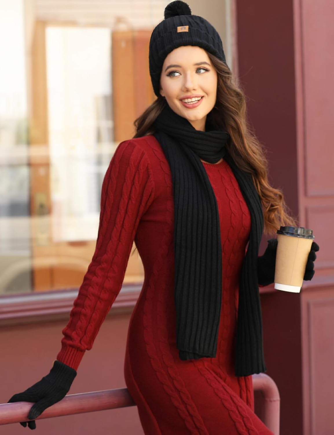 Winter Beanie Hats Scarf Touch Screen Gloves Fuzzy Socks Ear Muffs 5pcs Set for Women Winter Ski Outing Set - Image 7