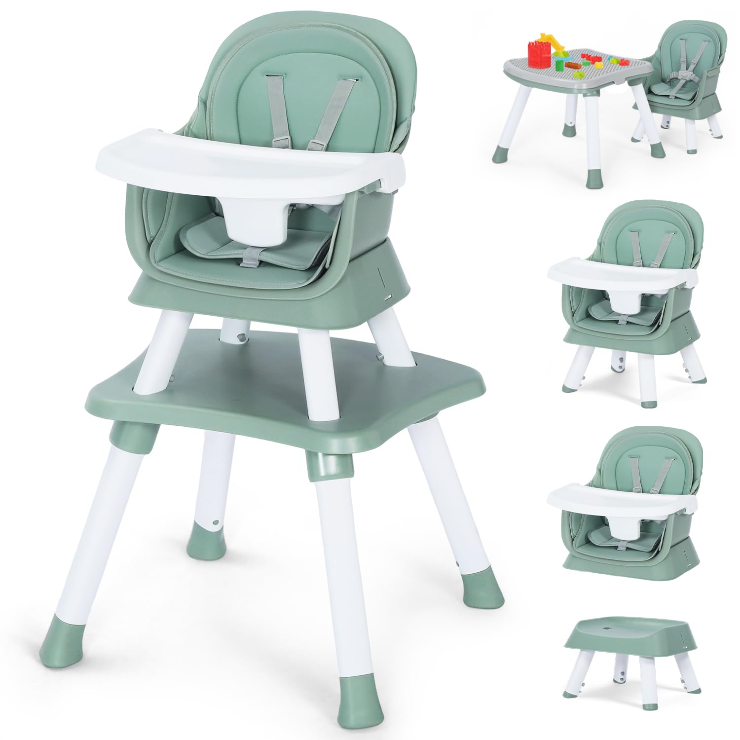 Kinder King 8 in 1 Baby High Chair, Coverts to Dining Booster Seat/Kids Table & Chair Set/Toddler Building Block Table/Kids Stool, Removable Tray & Double Seat Cover, Easy to Wipe, Green & White