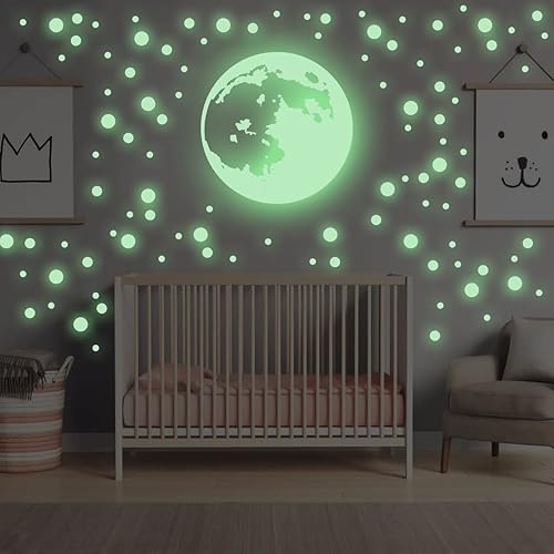 Calcomanía de pared que brilla en la oscuridad con estrellas y luna  Calcomanía de techo brillante para habitación de niños, decoración de luz