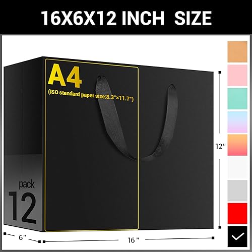 Miniatura 2 de EUSOAR Bolsas de regalo negras, paquete de 12 bolsas de papel extra grandes de 16 x 6 x 12 pulgadas con asas, bolsas de papel kraft resistentes a