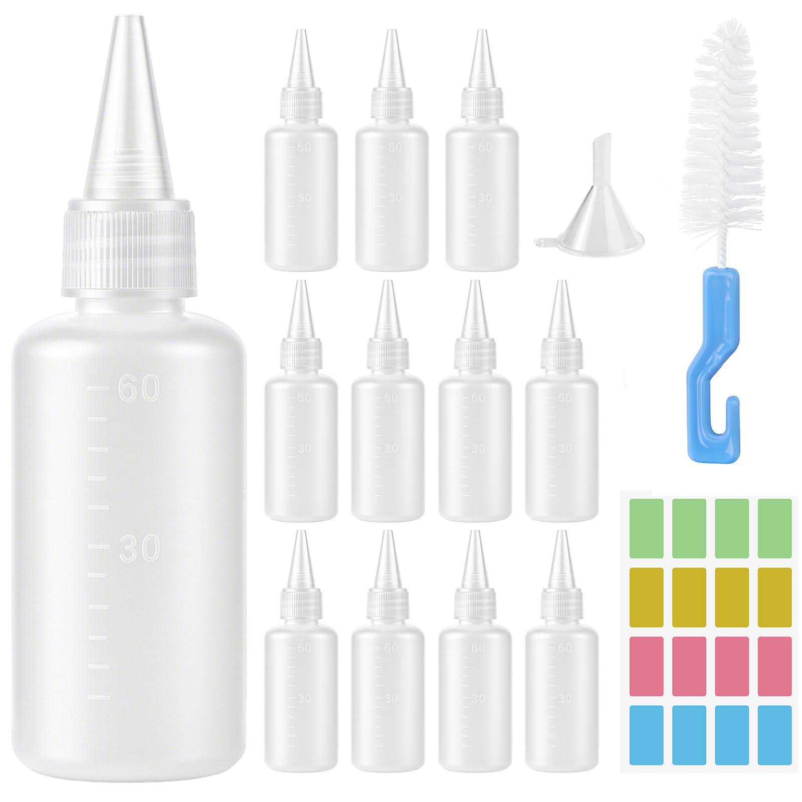 Ferenando 12 Pcs 60ml Squeezy Bottles with Nozzles, Plastic Squeeze Bottle Reusable, Small Condiment Bottle with Cleaning Brush, Funnels & Labels for BBQ Sauce Oil Ketchup Pigment Liquid