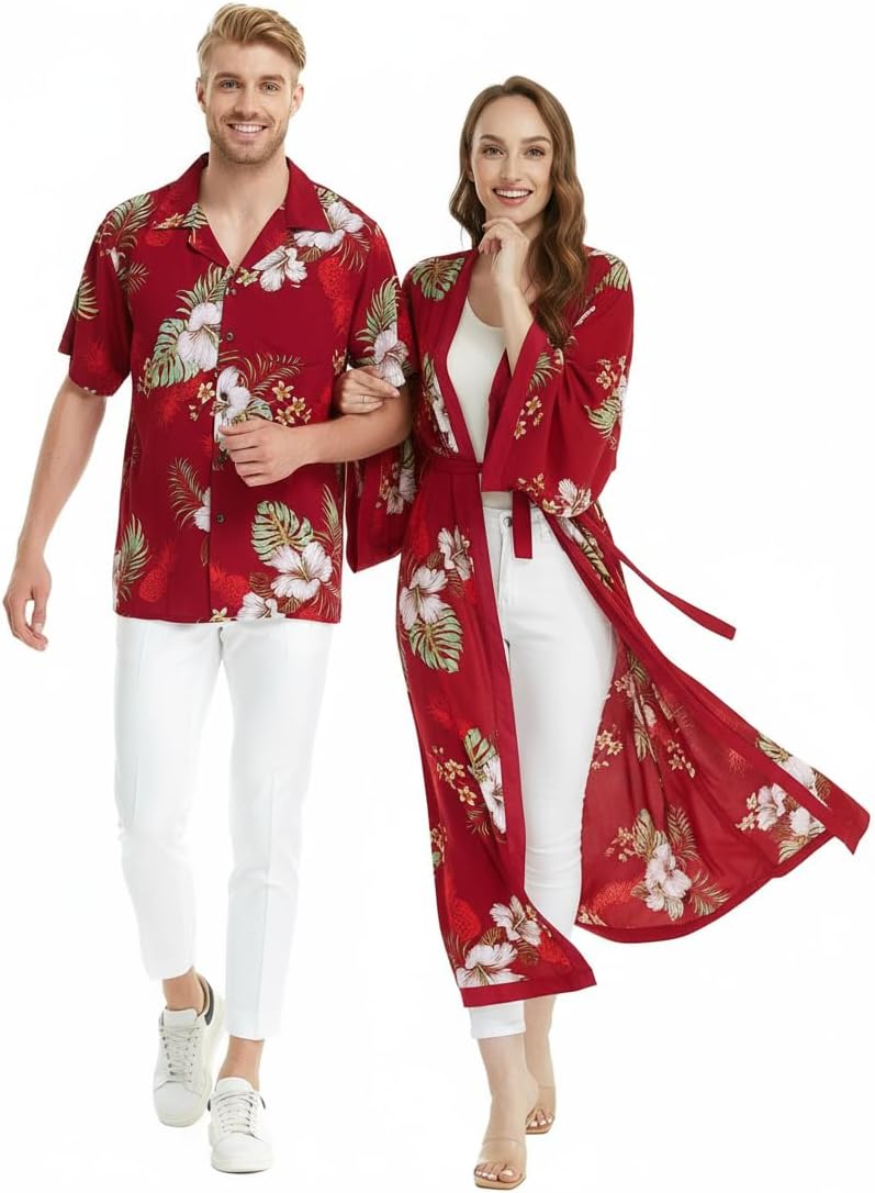 Matchable Couple Hawaiian Luau Shirt or Maxi Kimono in Pineapple Garden Burgundy