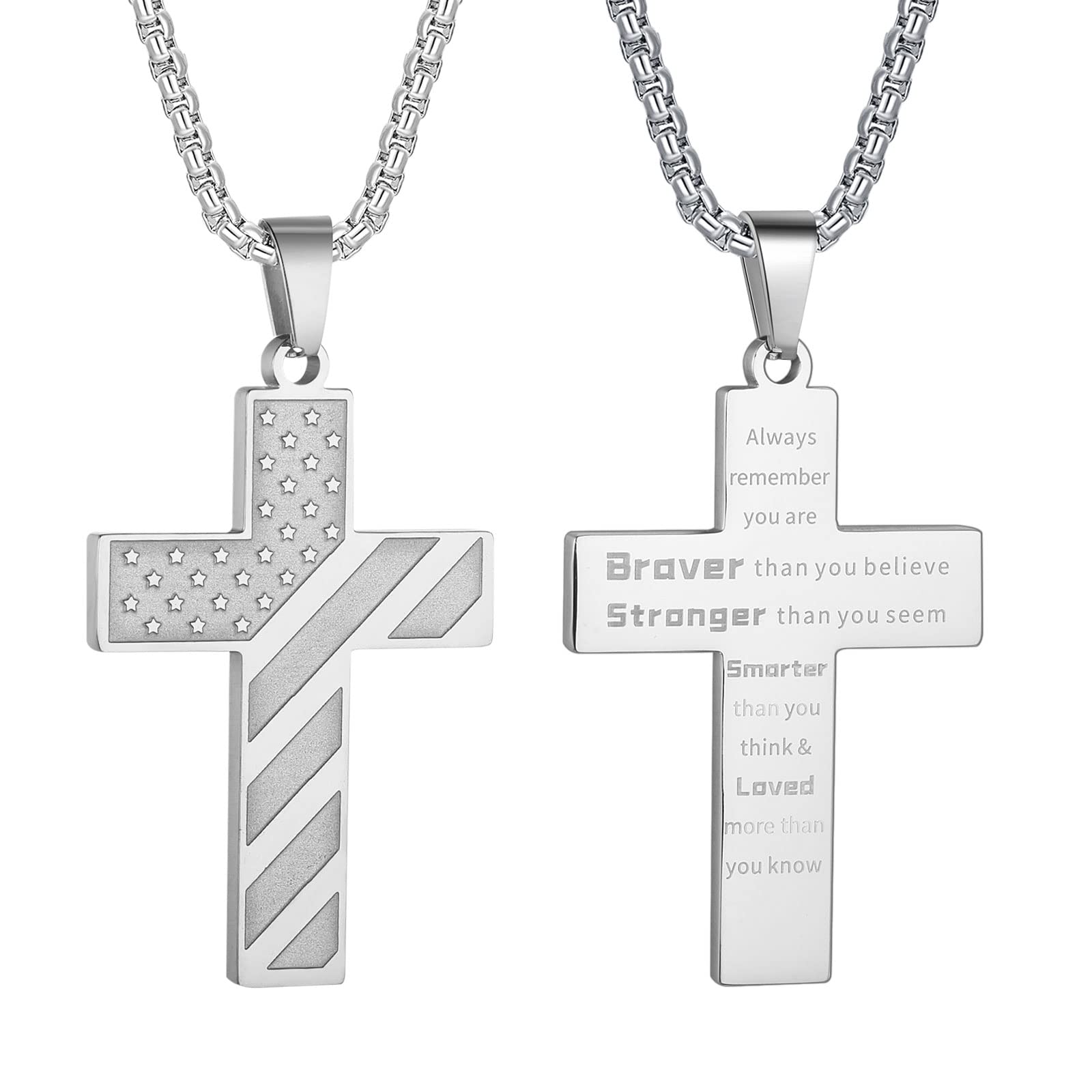 HattiDoris American Flag Cross Necklace for Men Stainless Steel Box Chain 22+2 inch Inspirational Bible Verse Cross Pendant Patriotic Jewelry
