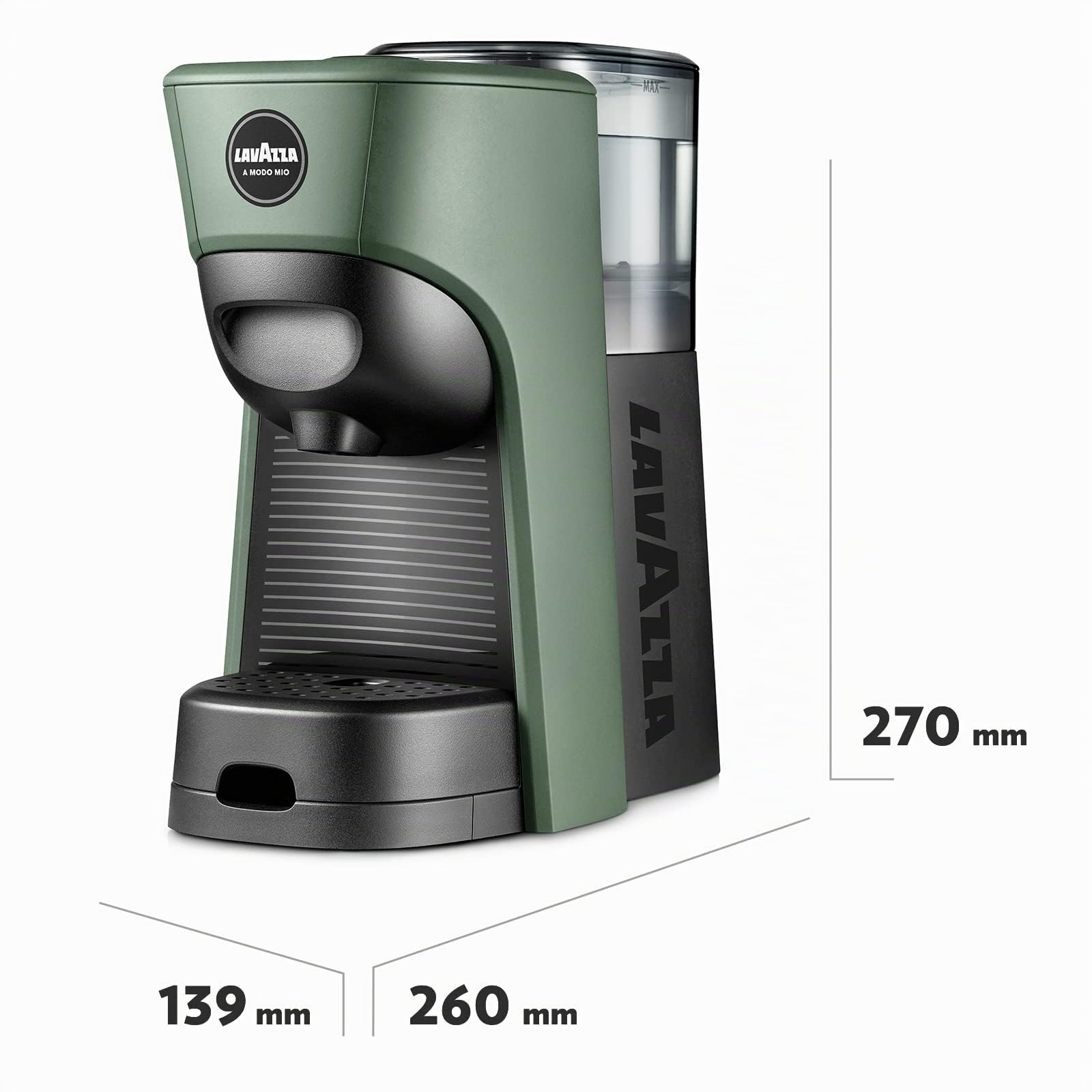 Lavazza, A Modo Mio - Máquina de café Tiny Eco verde con 64 cápsulas ¡Tierra! Surtidas, cafetera expreso de plástico reciclado, 1450 W, 220-240 V, 50/60 Hz, 0,6 litros