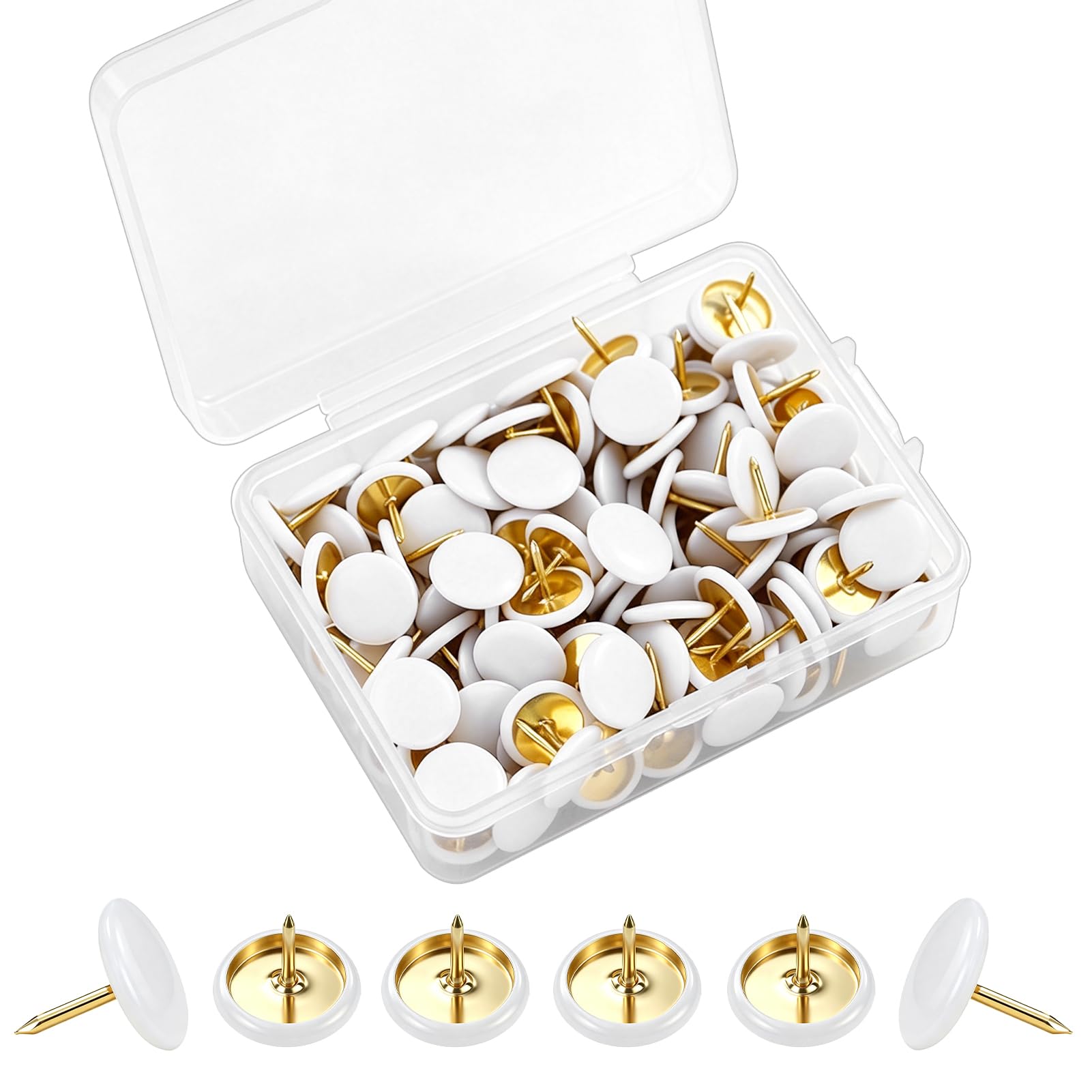 Rebecaskyens White 150 Pcs Thumb Tacks - Round Head Metal Push Pins For Map, Photo Wall, Cork Board Bulletin - Golden Steel Point Flat Pins