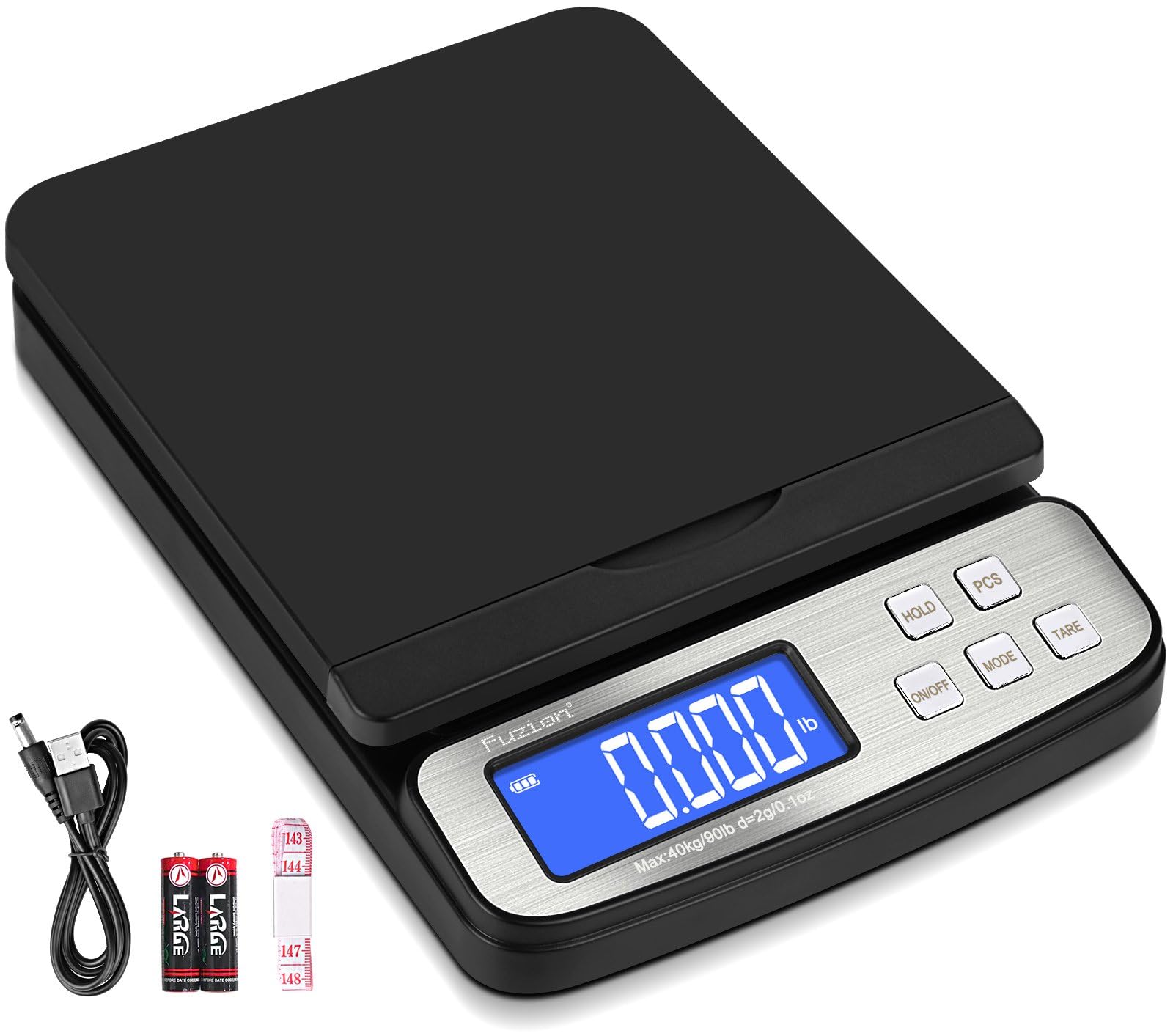Fuzion Báscula de envío, báscula postal digital precisa de 88 libras/1 onza con función de retención y tara, báscula de envío para paquetes y correo, pantalla LCD, batería