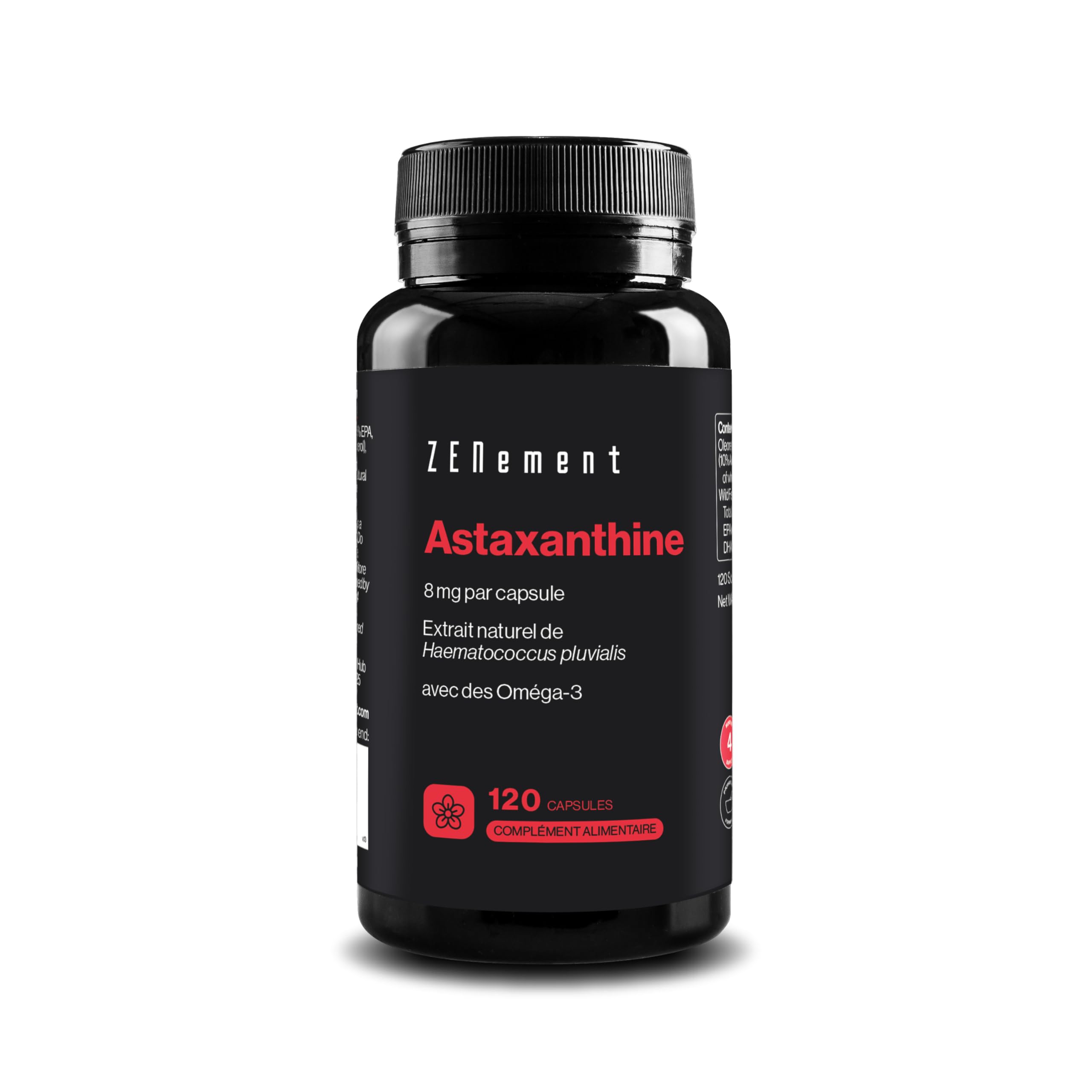 Astaxanthine Naturelle Pure 8 mg issue de Haematococcus pluvialis – avec Oméga-3 pour une Meilleure Absorption – 10% d’Astaxanthine Pure – 120 Capsules – Zenement