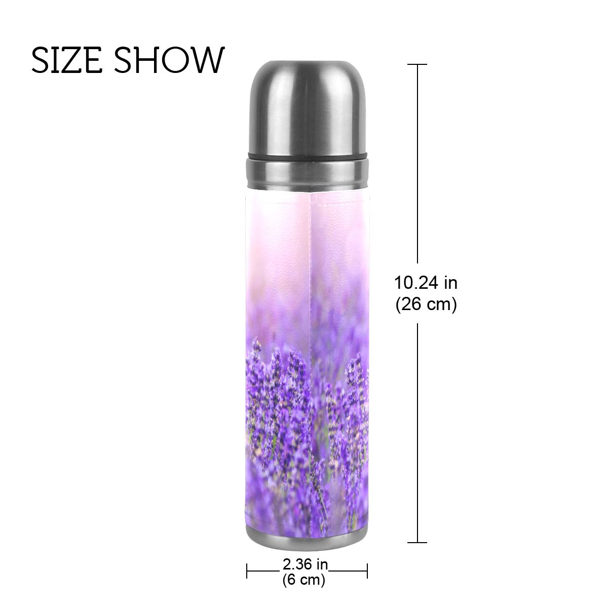 Taza de viaje de acero inoxidable con aislamiento al vacío, doble pared, a prueba de fugas, color violeta y lavanda, personalizable con estampado de piel auténtica, 500 ml