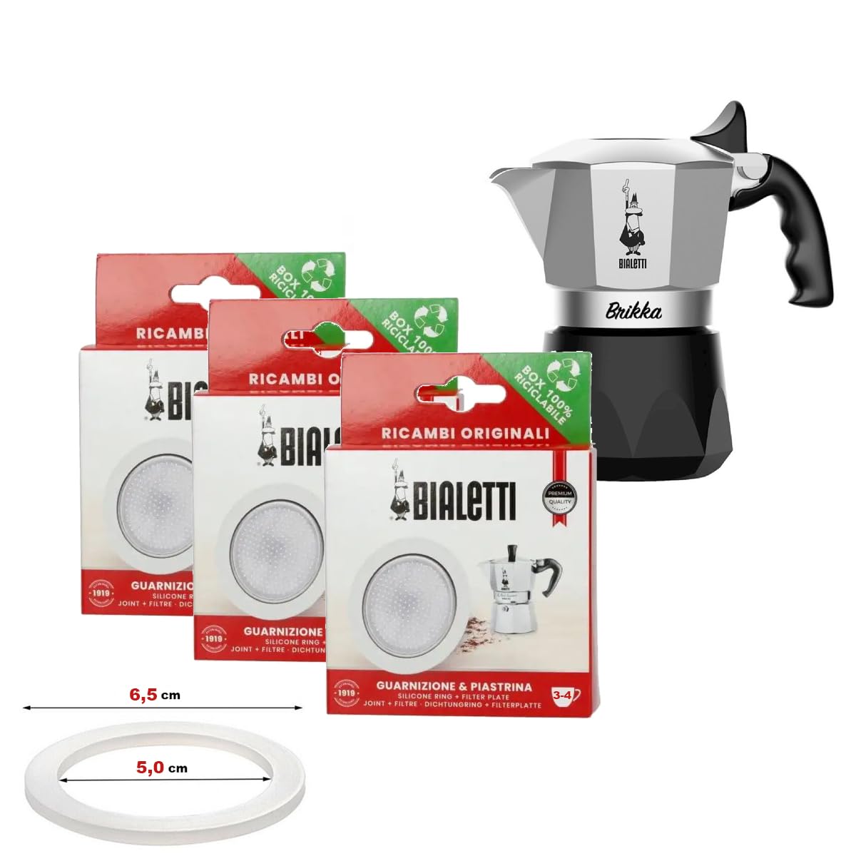 BIALETTI set di 3 Confezioni con 3 Guarnizioni e 3 Piastrine Filtro per Moka Induction, Orzo Express e Brikka | Scegli il formato
