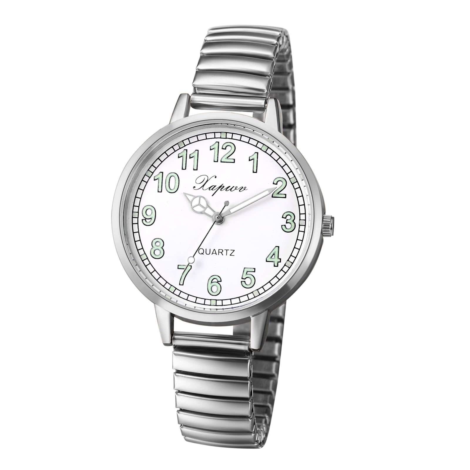 JewelryWe Dameshorloge elastisch horloge dames klassiek eenvoudig analoog kwarts polshorloge vrouwen roestvrij staal stretch armband dun horloge met trekkoord en grote ronde wijzerplaat, Grote cijfers