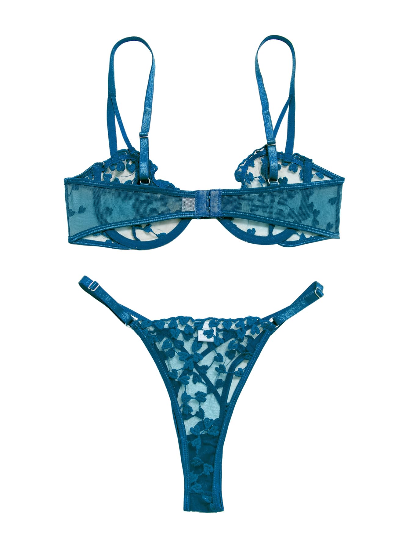 Lilosy Sexy Underwire Cute Push Up Strappy Embroidered Mesh Sheer Lingerie Set See Through Panty Bra: Bowless Medium Turquoise