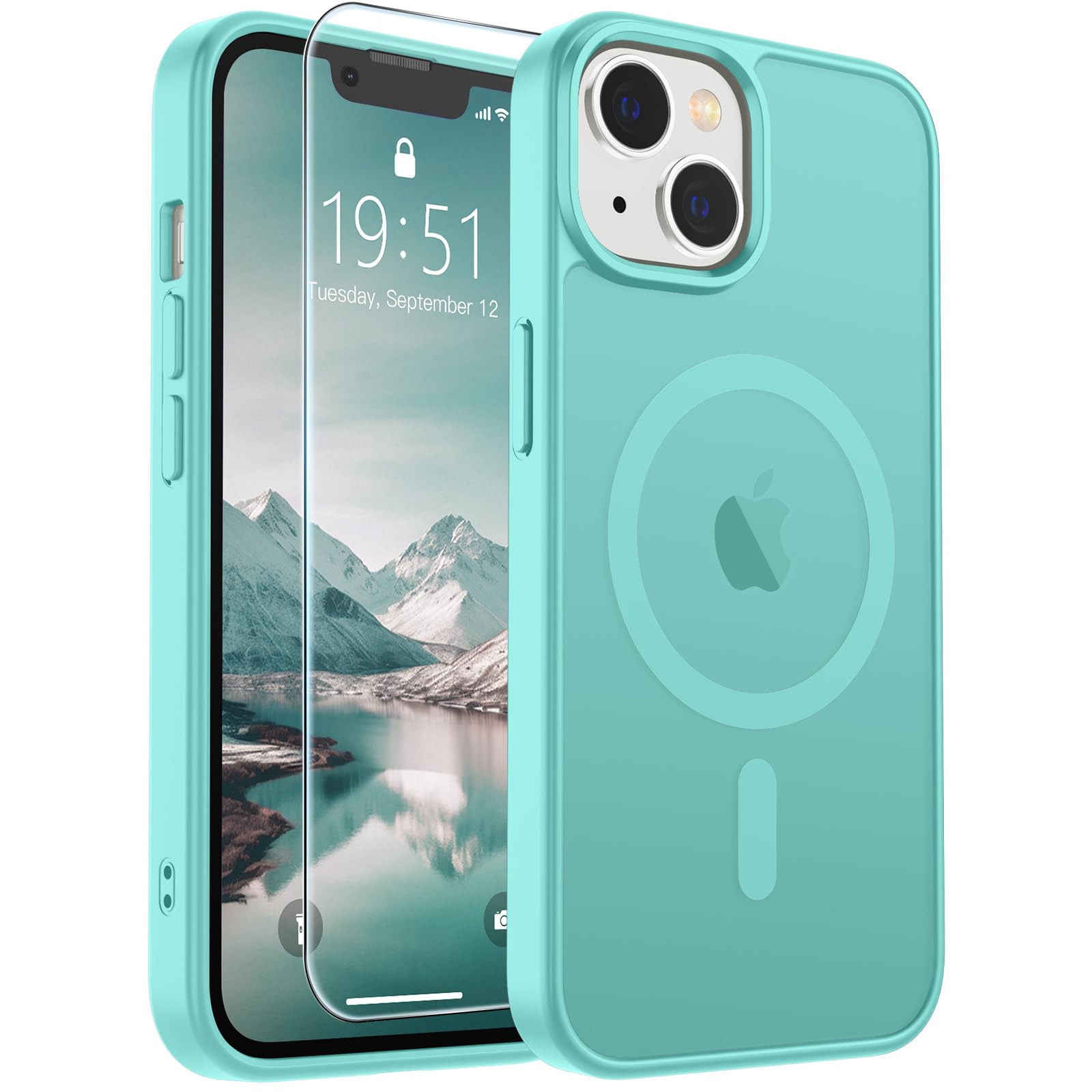 SUPFINE Magnetic for iPhone 14 Plus Case/iPhone 15 Plus Case Blue Green | With Screen Protector, Translucent Matte, Compatible with MagSafe, Military Grade Drop Proof, Rugged Shockproof Protective