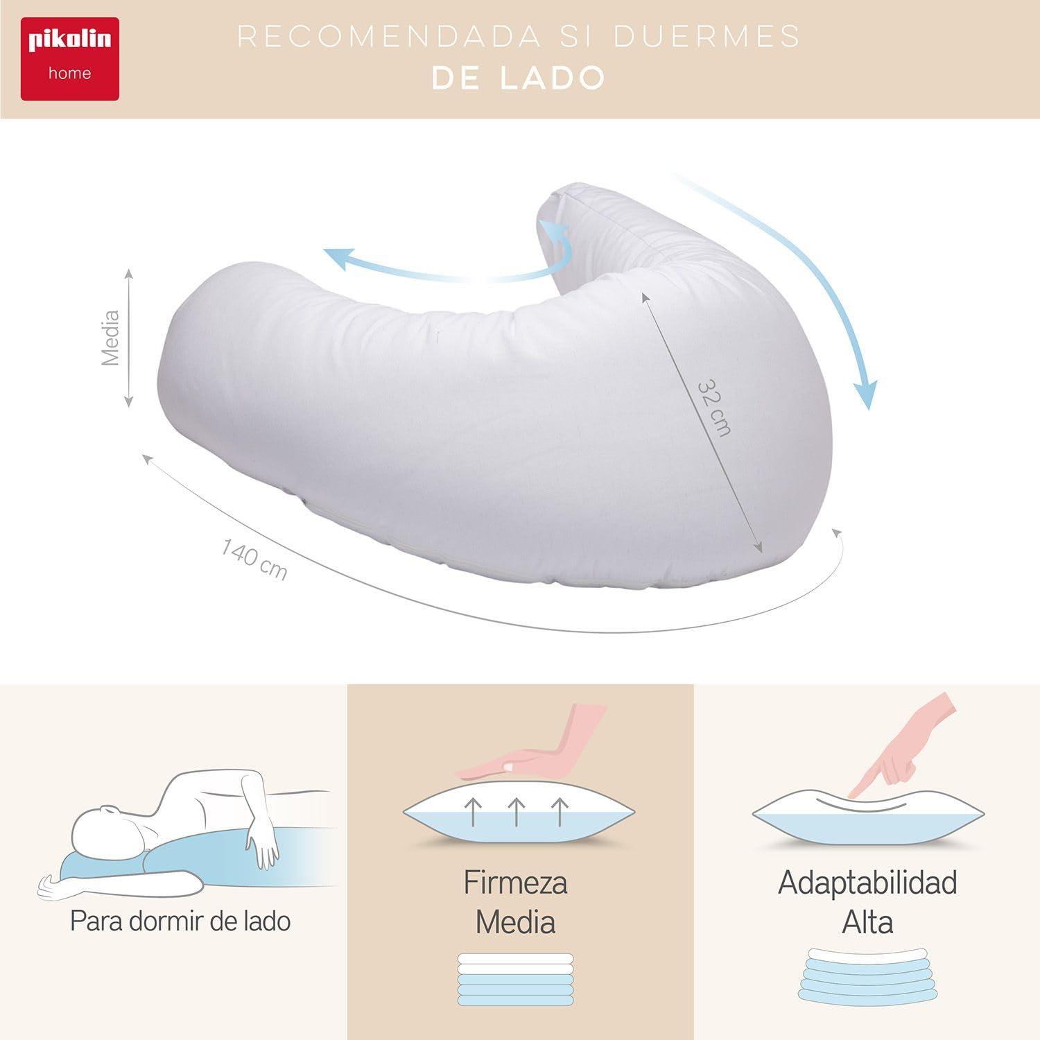 PIKOLIN Home - Almohada de Embarazada para Dormir de Lado, Cojín Lactancia, En Forma de C - Adecuada para Maternidad y Lactancia - Certificado Oeko-Tex y Funda de Algodón Antiácaros