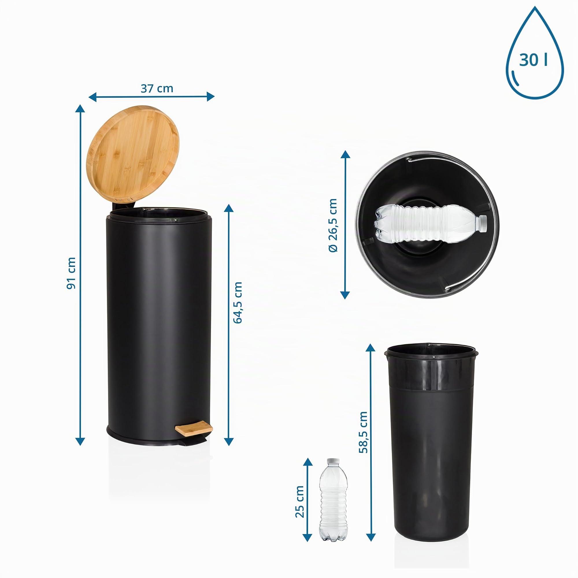 hjh OFFICE Mülleimer 30 Liter, Treteimer mit Bambus-Deckel, Softclose CLEAN BAMBOO Metall Abfalleimer mit Inneneimer, Schwarz Matt